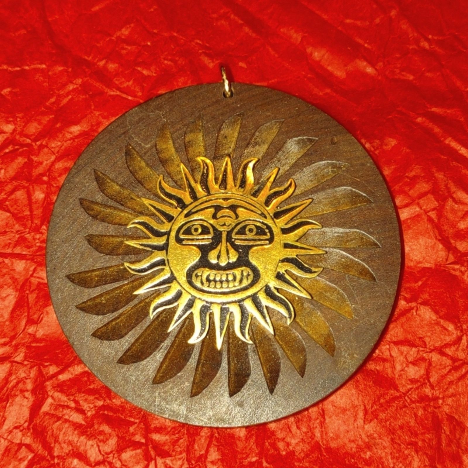 Vintage Hand carved vintage wooden Aztec Sun pendant Size ONE SIZE - 1 Preview
