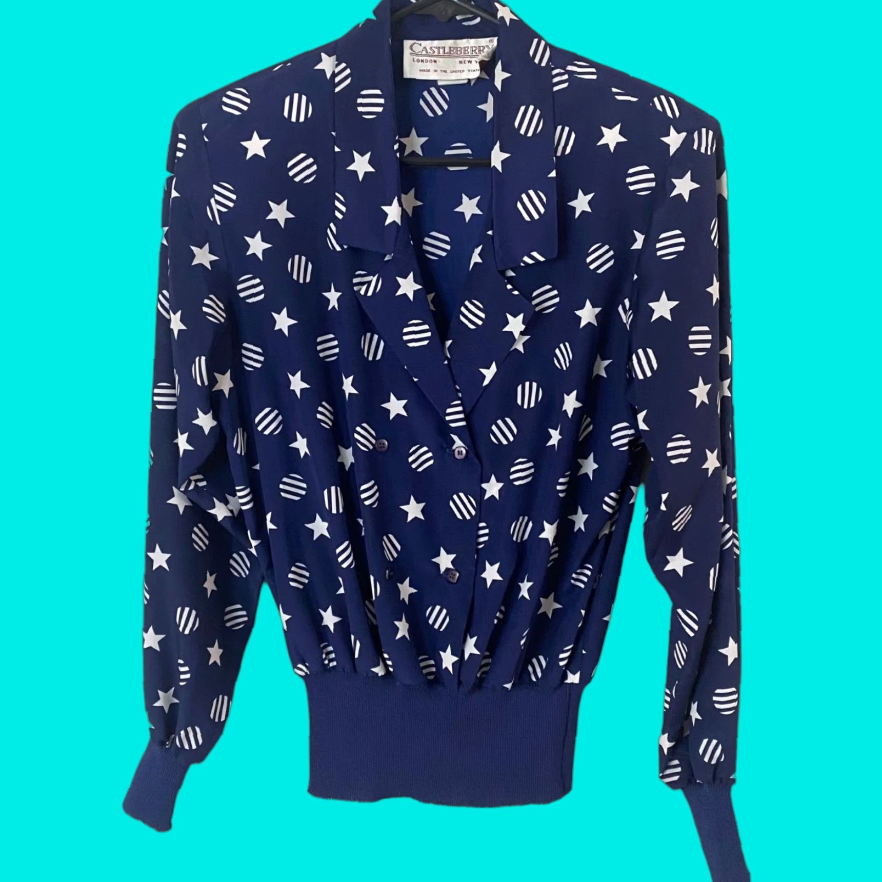 Doublet VINTAGE Castleberry Blouse Double Breasted Blue Star Print Long Sleeve Women Size 4 Shoulder Pads 80s Patriotic USA Made Size S / US 4 / IT 40 - 1 Thumbnail