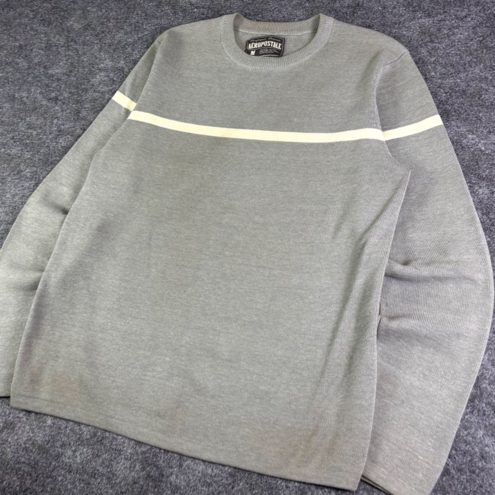 Aeropostale Aeropostale Mens Crewneck Sweater Grey Cream Stripe Long Sleeve Knit Pullover M Size US M / EU 48-50 / 2 - 6 Thumbnail