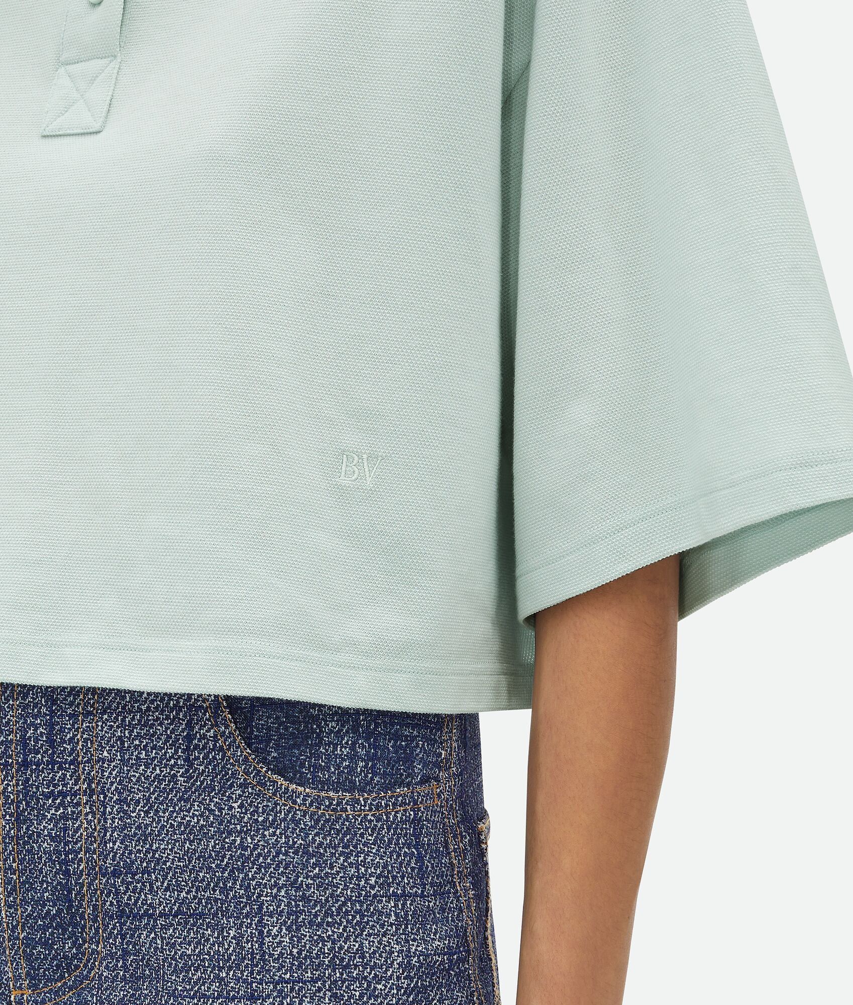 Bottega Veneta o1n1vont1224 Cropped Cotton Piquet Polo Shirt in Light Cyan Size XS / US 0-2 / IT 36-38 - 4 Thumbnail