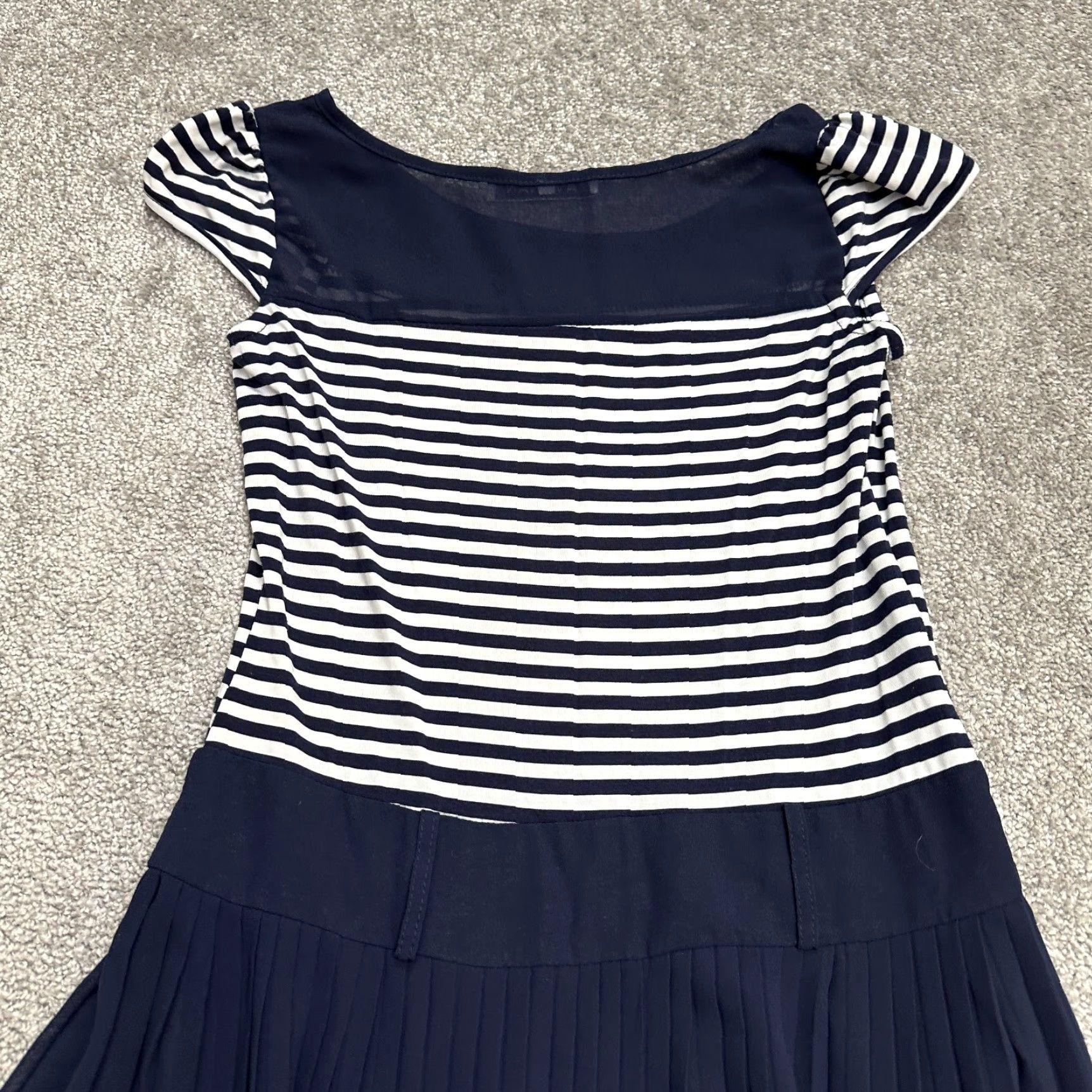 Vintage Avonan Dress Womens A-Line Midi Striped Blue White Cap Sleeve Pleated Size L / US 10 / IT 46 - 3 Thumbnail