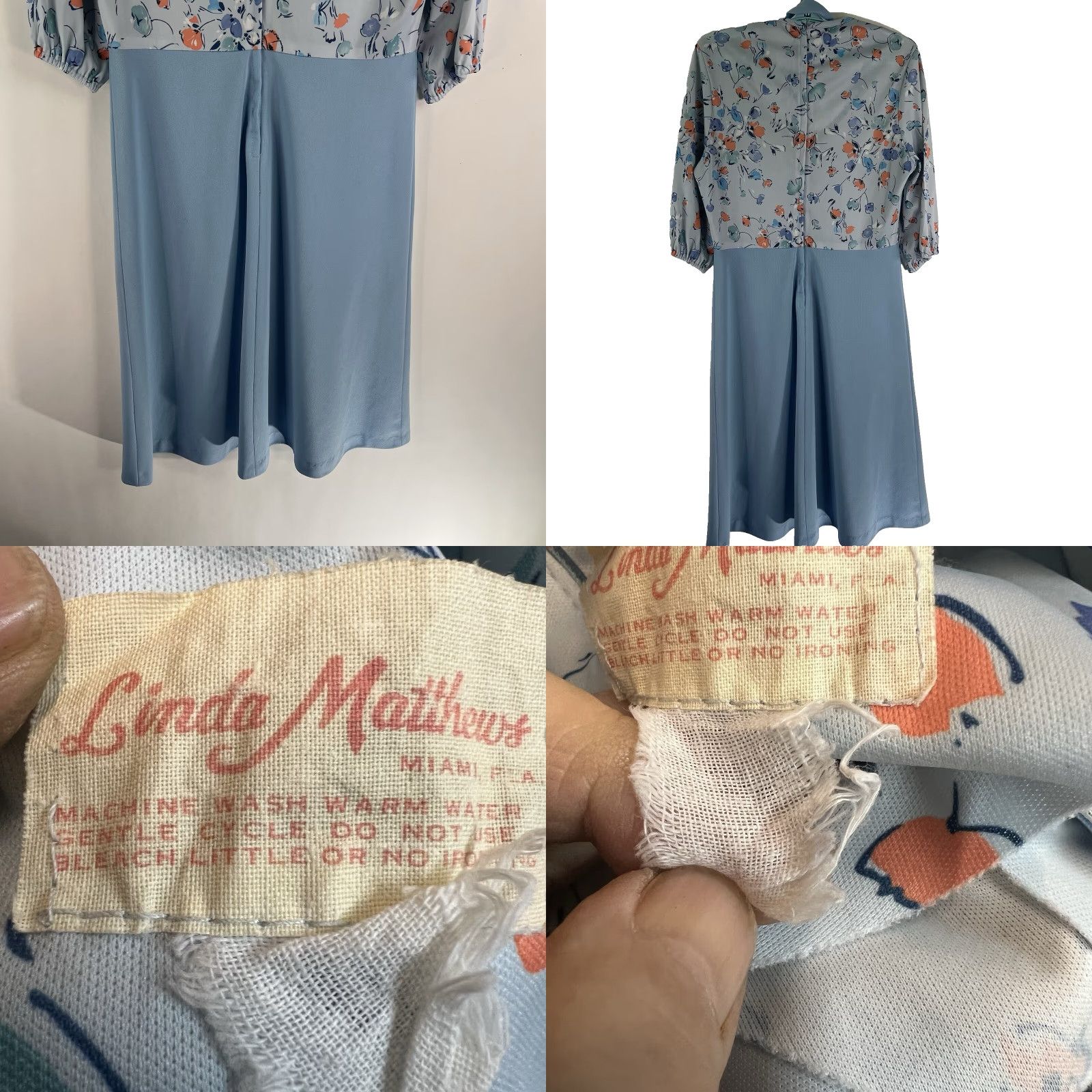 Vintage VINTAGE Linda Mathews Floral Tie Dress 70s Blues Womens L Knee Length 3/4 Sleeve Ballon Sheath Kaftan - Party Wedding Casual Size L / US 10 / IT 46 - 8 Thumbnail