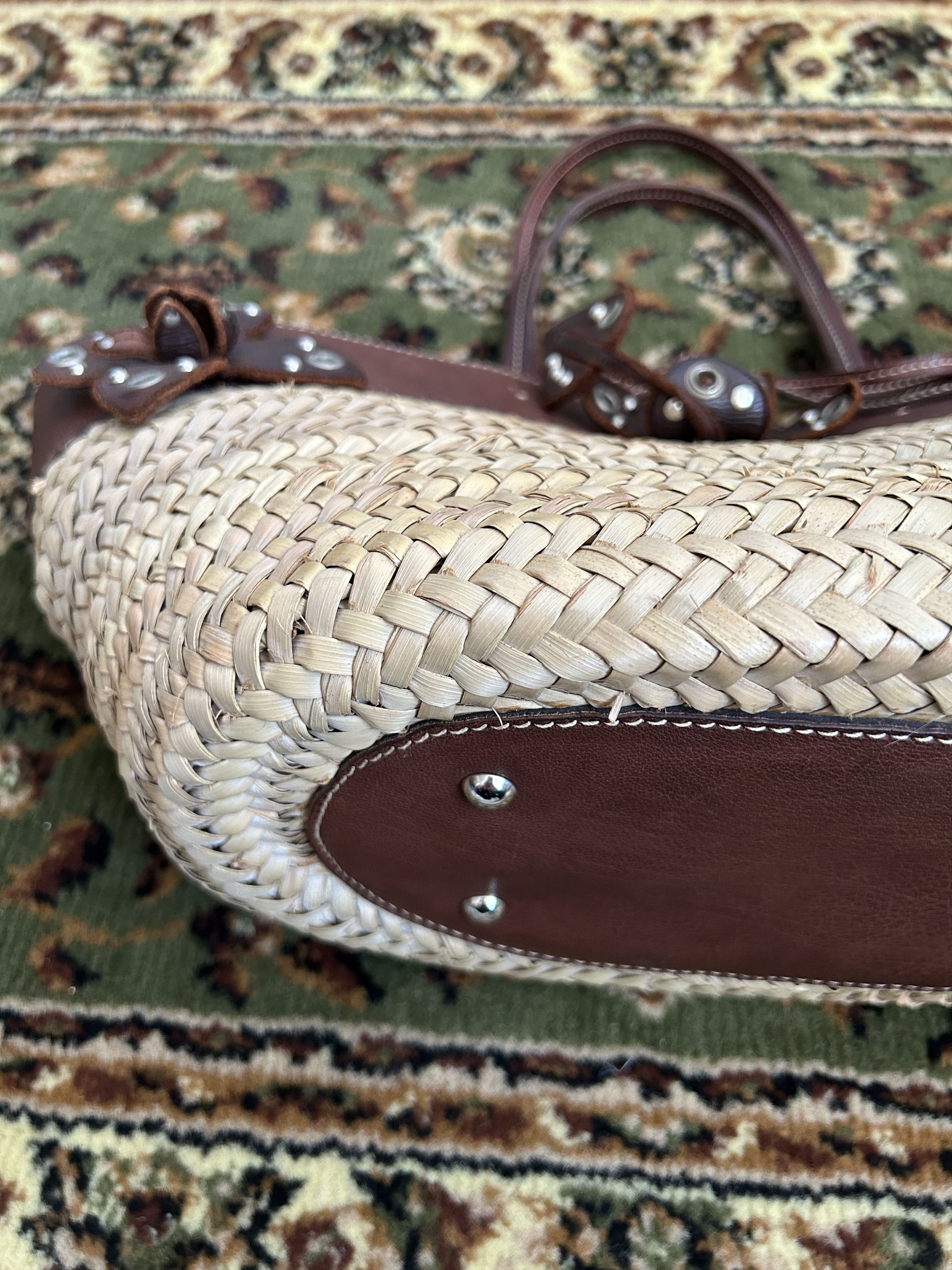 Vintage 90s archive miu miu raffia and leather tote bag