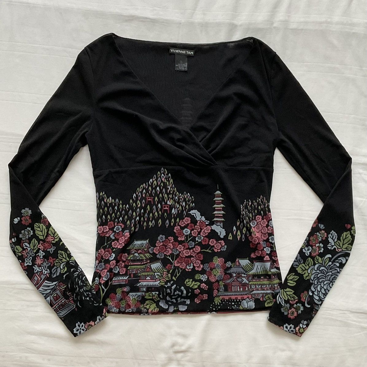 Vivienne Tam Rare 90s Chinese Print Mesh V neck Long Sleeve