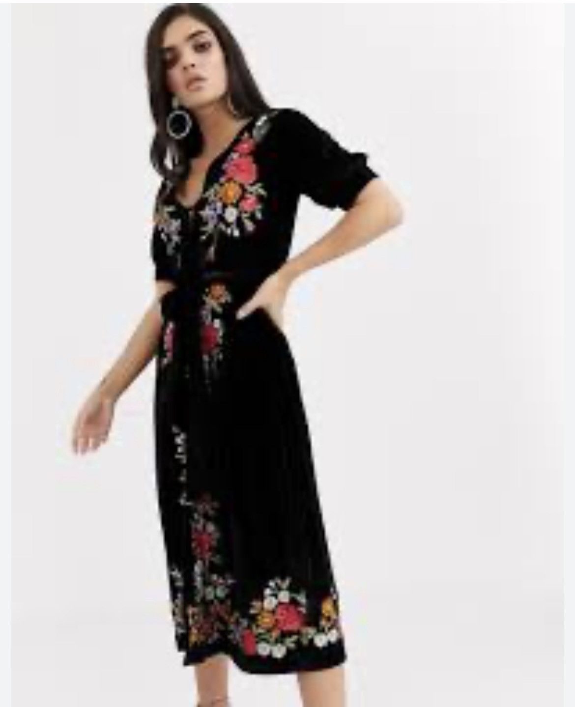 Asos ASOS Black Velvet Floral Embroidered Midi Tea Dress Size M / US 6-8 / IT 42-44 - 10 Thumbnail