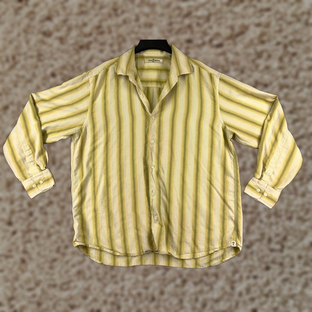 Tommy Bahama Tommy Bahama Shirt Men XL Yellow Green Stripe Silk Hawaiian Button-Up Short Sleeve Casual Beach Vacation Resort Aloha Size US XL / EU 56 / 4 - 1 Thumbnail