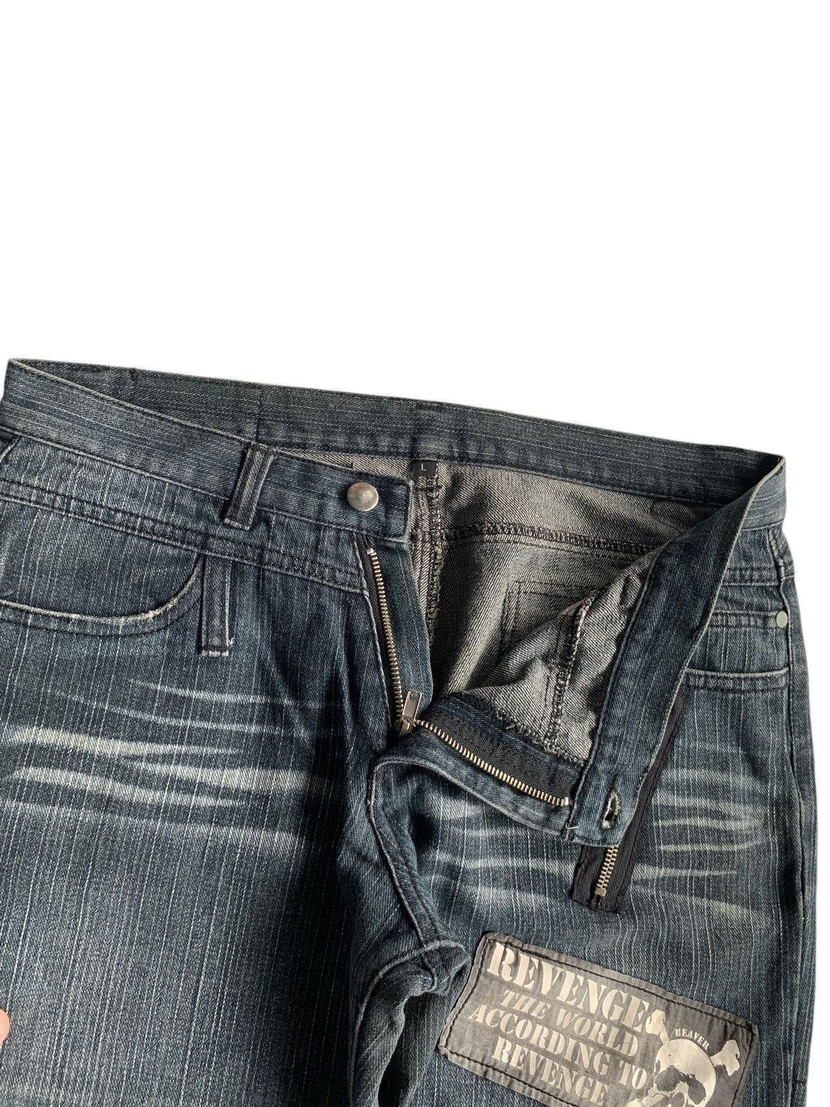If Six Was Nine Sex Pot Revenge Skull Punk Bondage Style Distressed Denim☠️🎌 Size US 33 - 10 Thumbnail