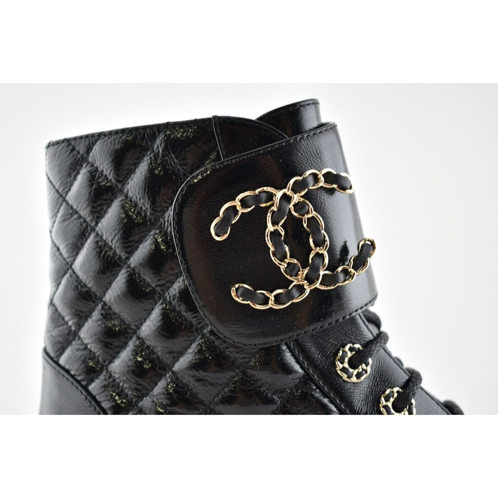 Chanel 21A Patent Quilted Gold CC Chain Combat Ankle Short Boot 40 Size US 10 / IT 40 - 3 Thumbnail