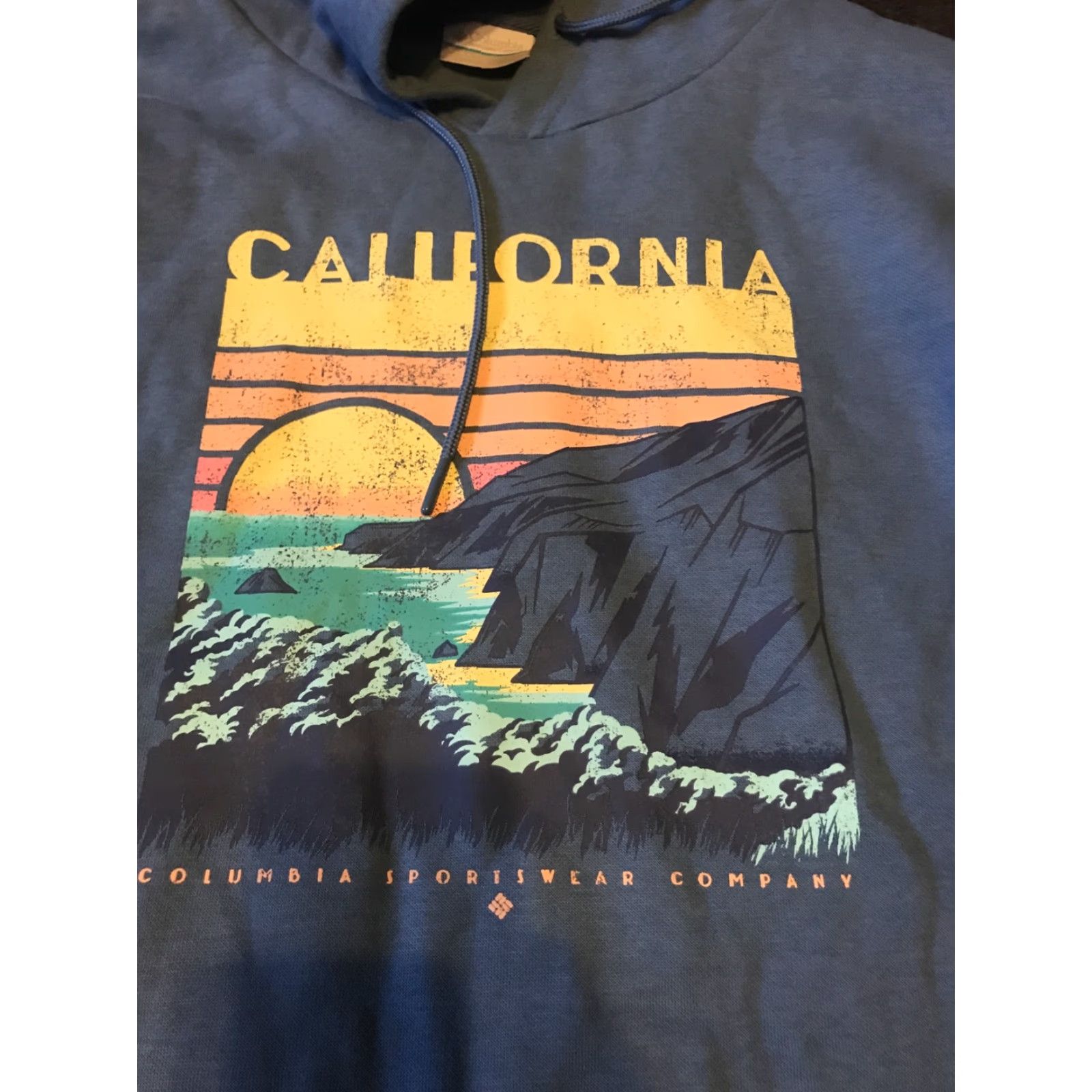 Vintage Columbia Hoodie Mens 2XL Blue California Sunset Ocean Graphic Print Sweatshirt Pullover Crew Neck Drawstring Fleece Cotton Blend Logo Gift? Size US XXL / EU 58 / 5 - 2 Thumbnail