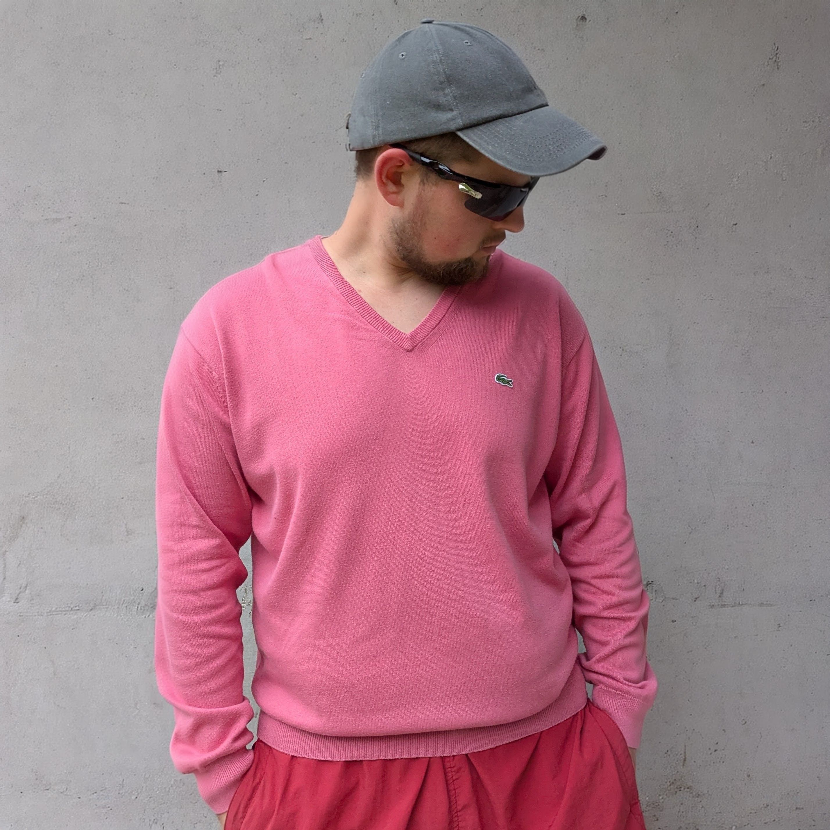 Lacoste × Vintage LACOSTE Men's Vintage Lightweight Pink V-Neck Sweater Size US L / EU 52-54 / 3 - 2 Thumbnail
