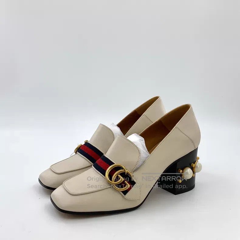 Gucci Gucci Beige apricot striped double G pearl decoration shee Size US 7.5 / IT 37.5 - 1 Thumbnail