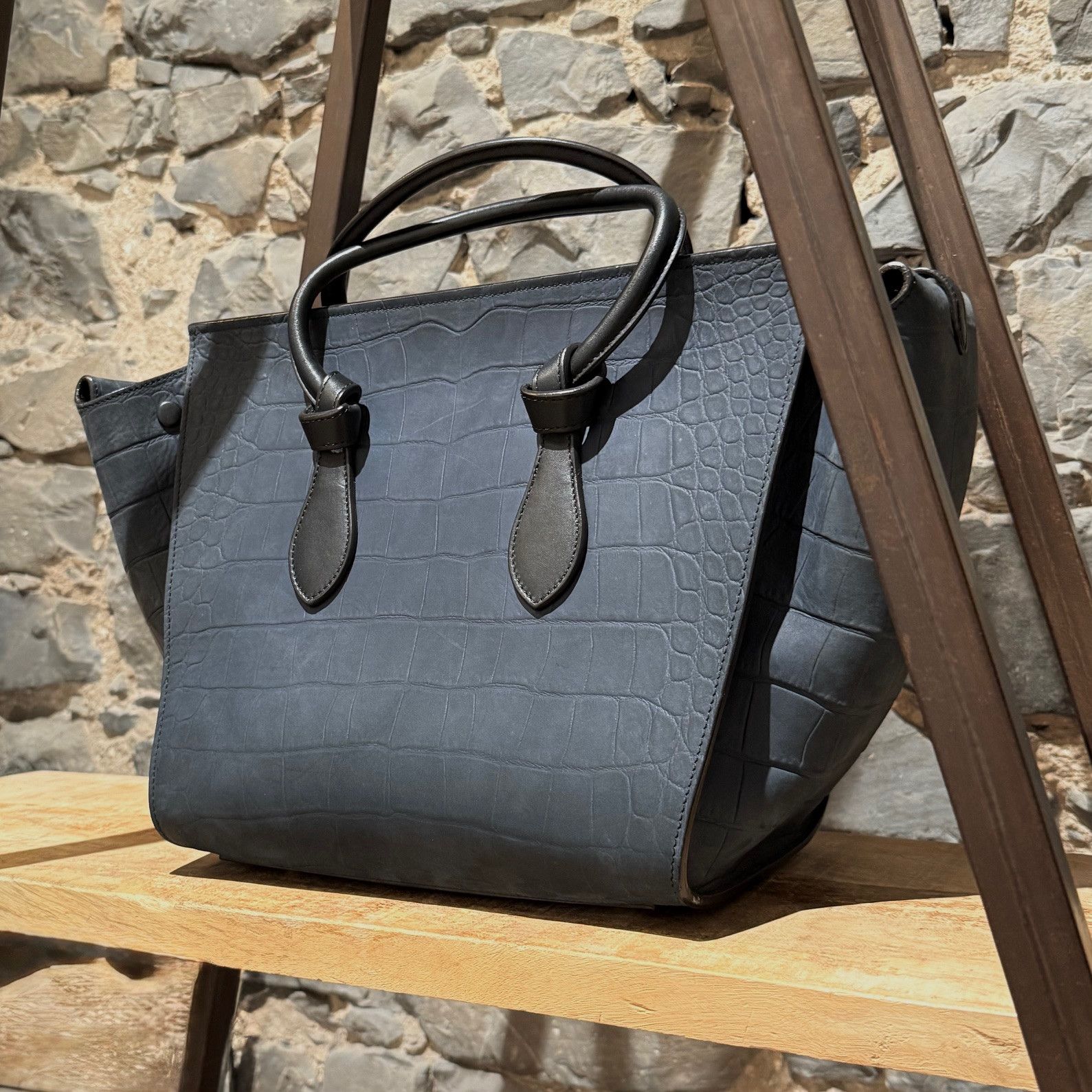 Celine Céline Midnight Blue Croc Embossed Small Tie Knot Tote Size ONE SIZE - 8 Thumbnail