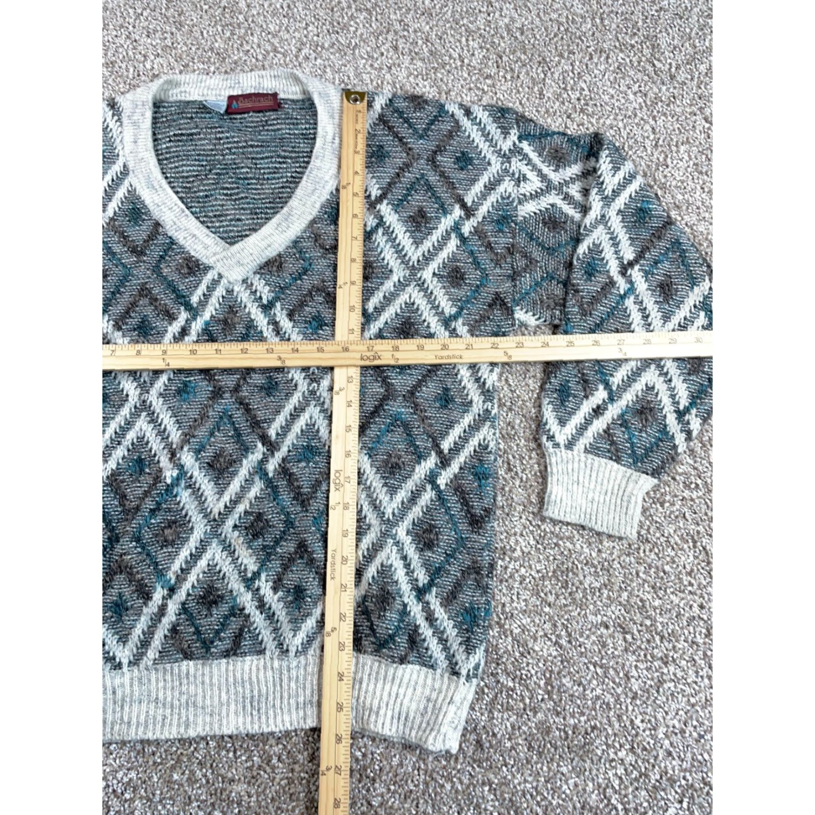Vintage VTG 80s Diamond Pattern V-Neck Sweater Bachrach Men's XL Gray Pullover Knit Wool Size US XL / EU 56 / 4 - 5 Thumbnail