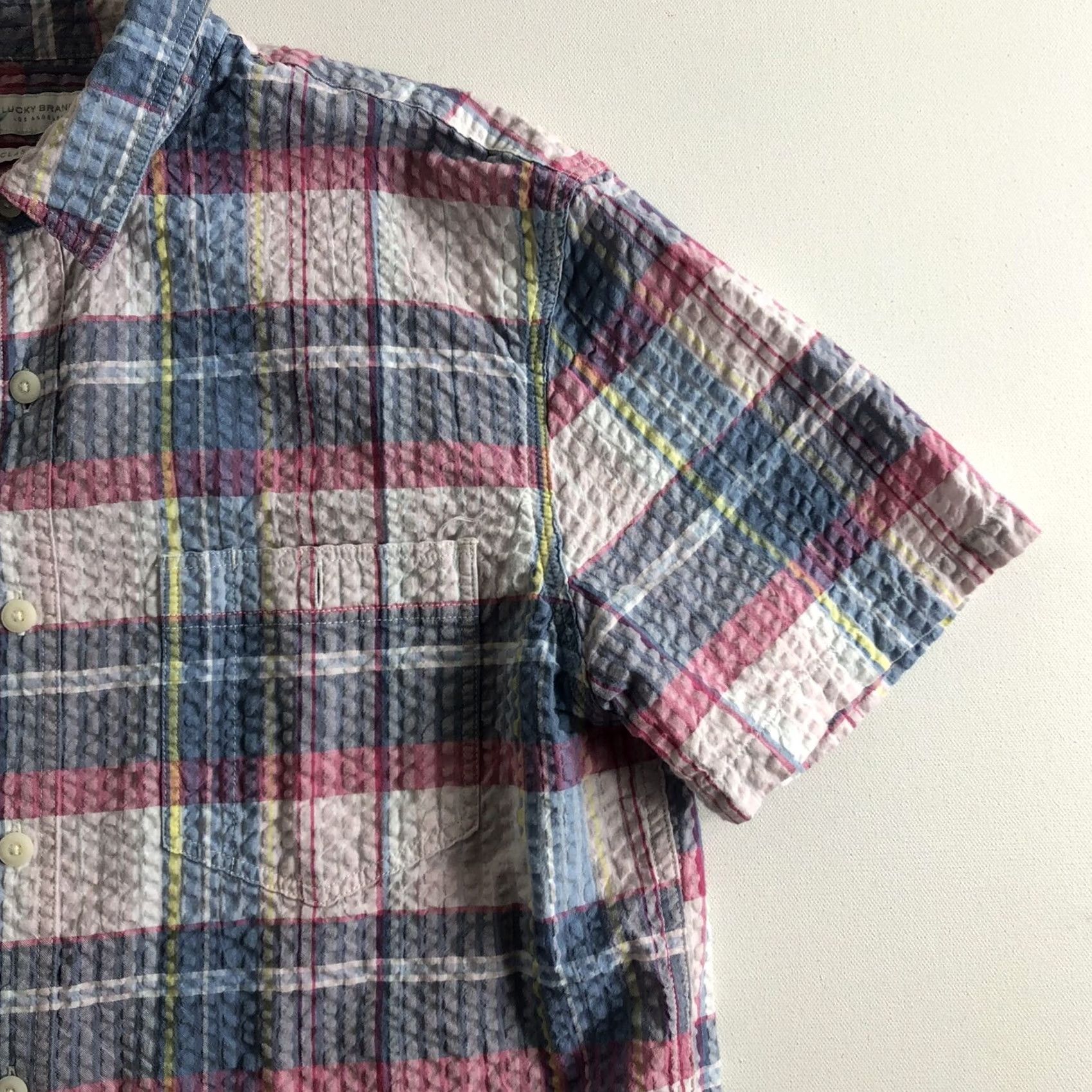 Lucky Brand Lucky Brand Mens Button-Up Shirt Seersucker Plaid Short Sleeve Classic Fit M Multicolor Casual Pocketed Size US 31 - 3 Thumbnail
