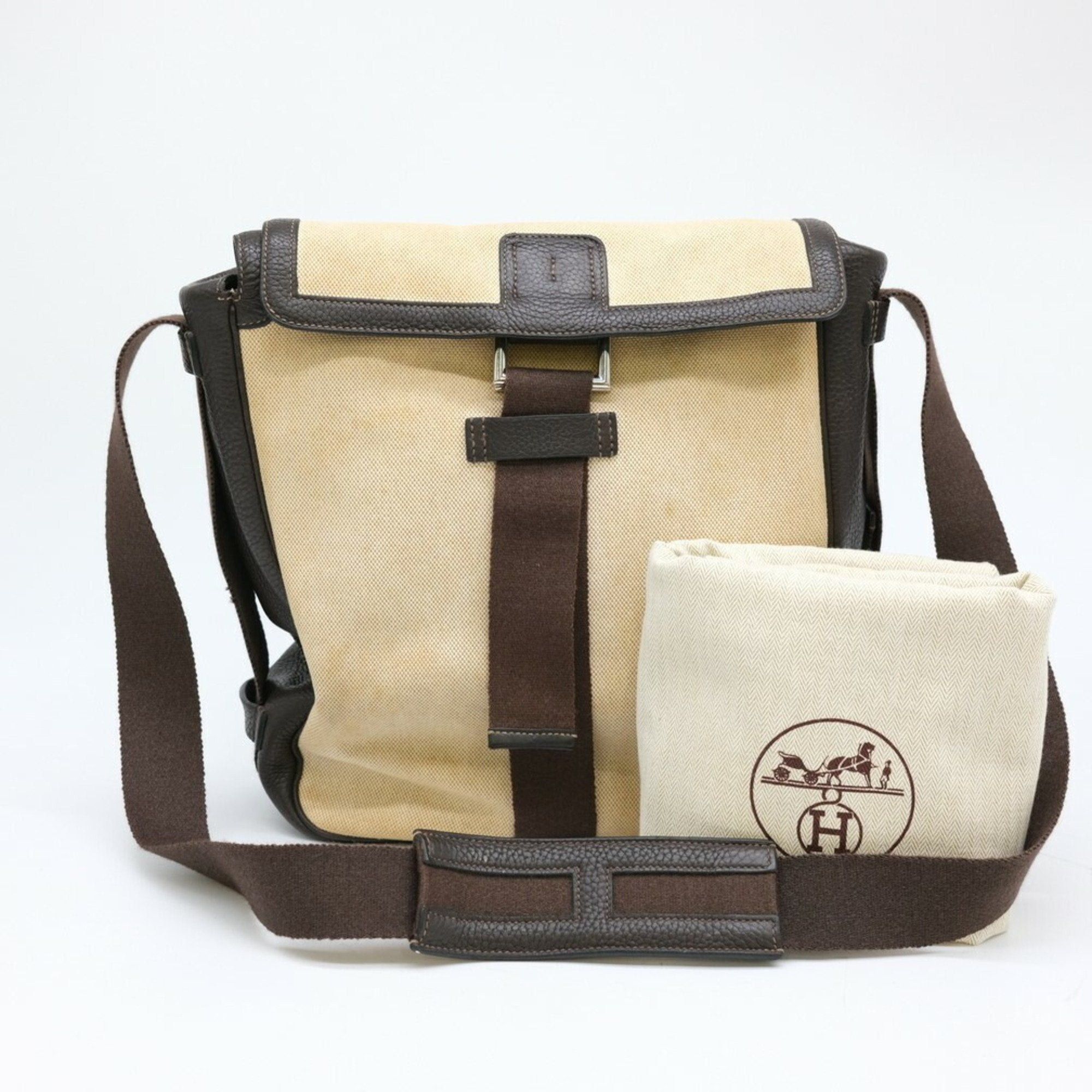 image of Hermes Tibet Vertical Shoulder Bag Toile H Beige Brown I Engraved in White, Women's