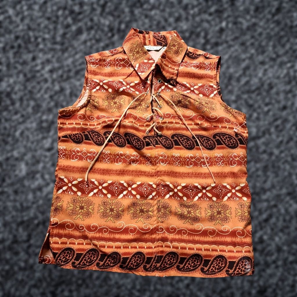 Vintage VINTAGE Simply Me Lace Up Top Shirt Womens S Brown Paisley Geometric Boho Festival Night 90s Fashion Womens Royalty Size S / US 4 / IT 40 - 1 Thumbnail
