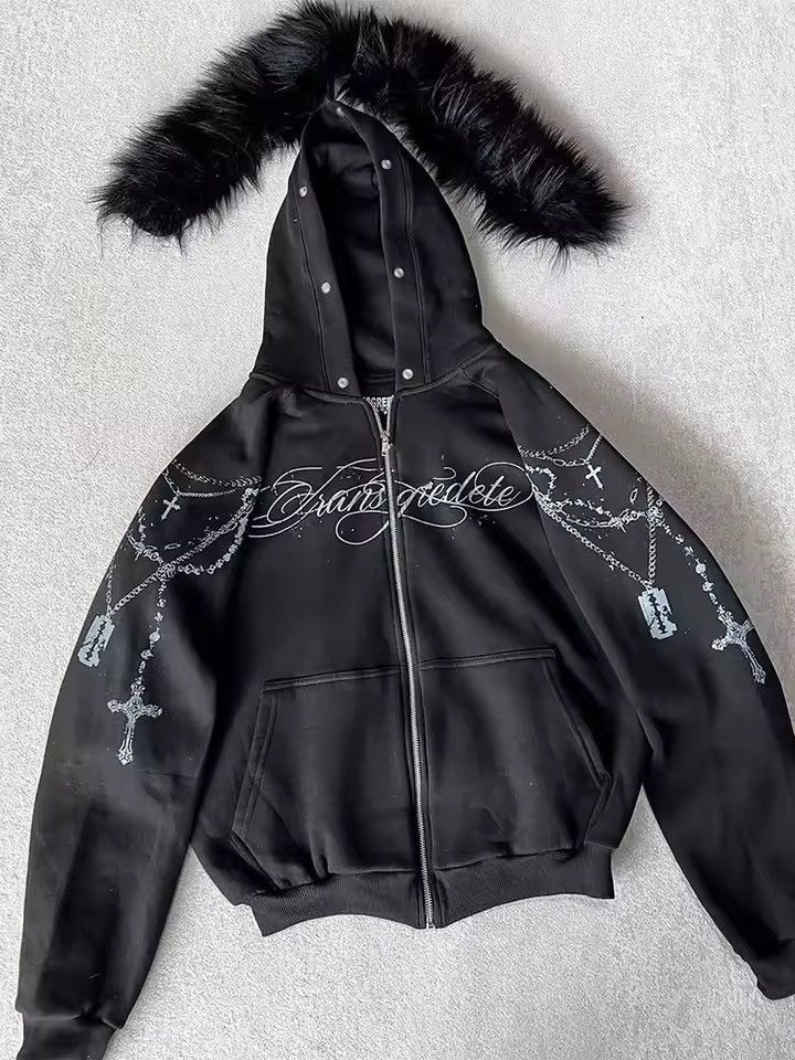 Japanese Brand Faux Fur Hooded Jacket With Cross Print Trendy Edgy Size US XL / EU 56 / 4 - 1 Thumbnail
