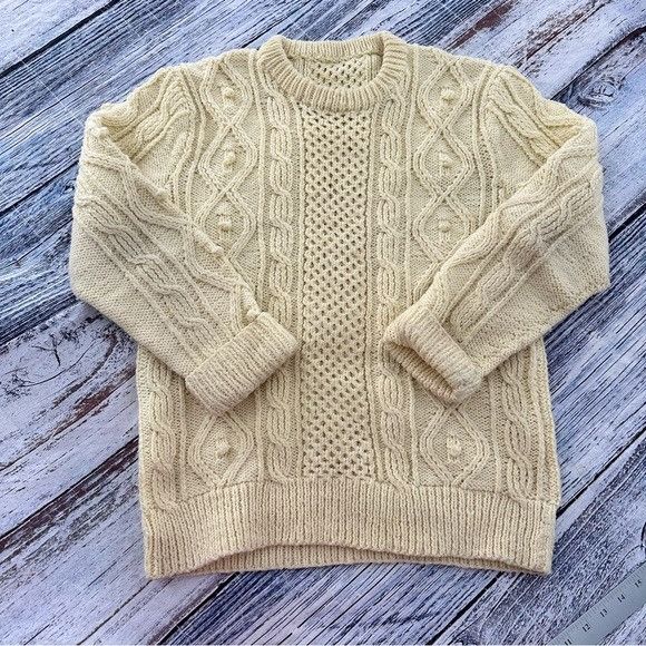 Handmade Hand Knit Cream Fisherman Cable Knit Wool Sweater Size US S / EU 44-46 / 1 - 2 Thumbnail