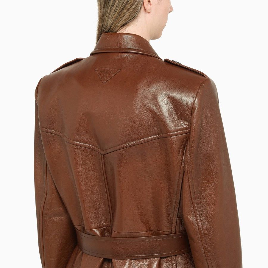 Prada o1d2blof0924 Leather Double-breasted Coat in Brown Size S / US 4 / IT 40 - 4 Thumbnail