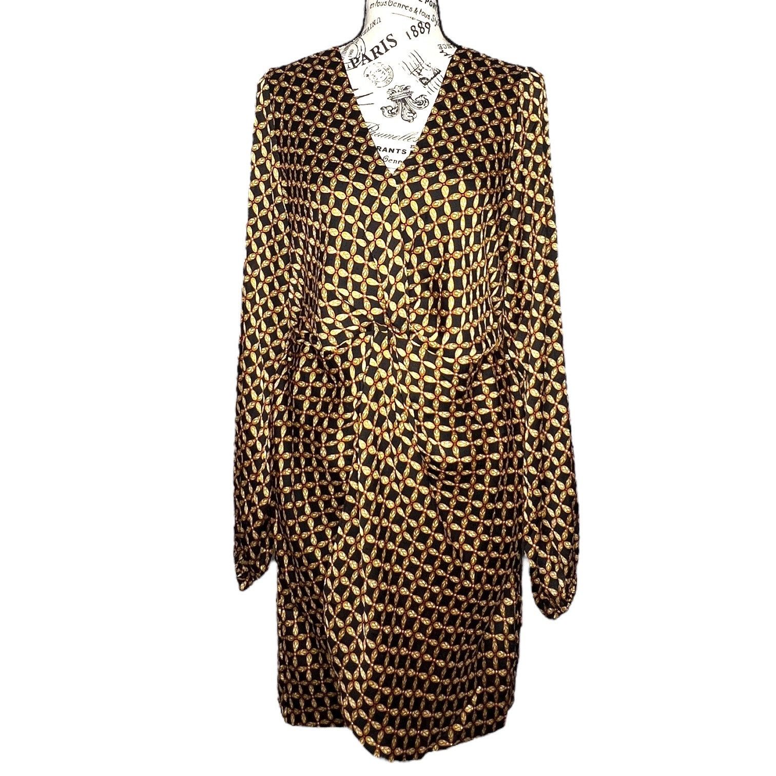 MINKPINK Gold Patterned Front Bunch Snap V Neck Valentina Mini Dress Size L / US 10 / IT 46 - 1 Thumbnail