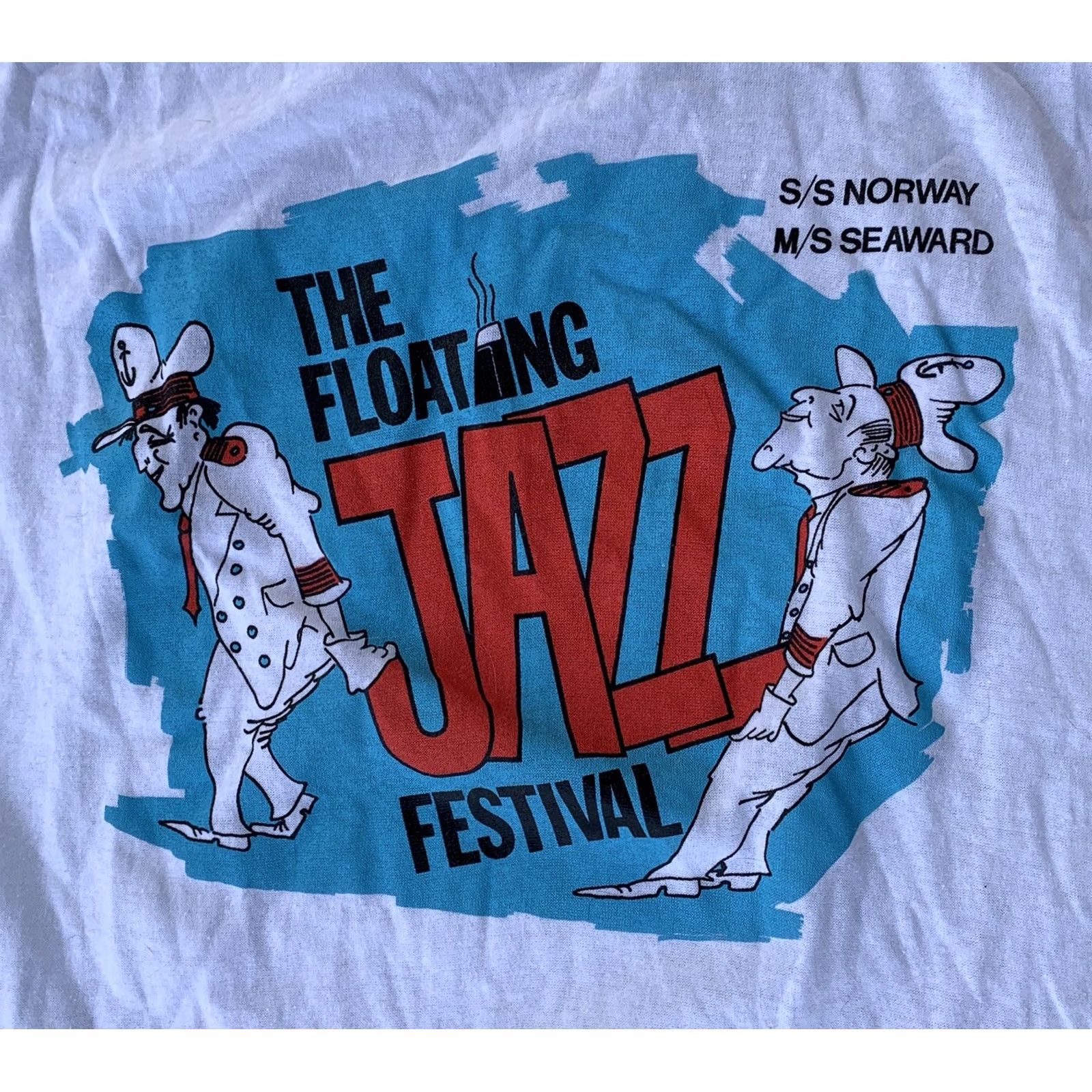 Vintage VINTAGE Tee Swing The Floating Jazz Festival S/S Norway M/S SEAWARD T-Shirt XL Made In USA Men White 1980s graphic tee Size US XL / EU 56 / 4 - 7 Thumbnail