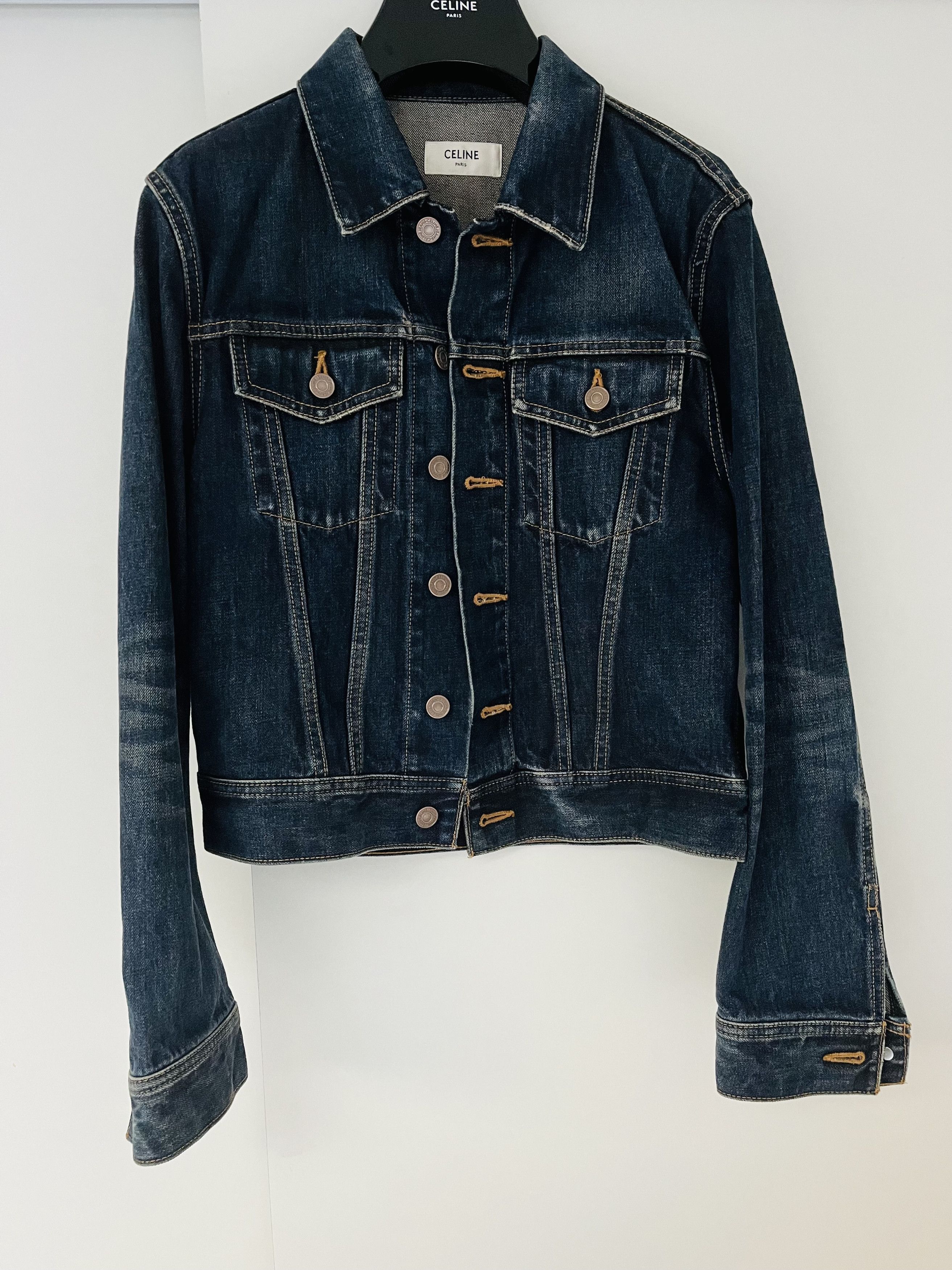 image of Celine x Hedi Slimane Trucker Denim Jacket in Dark Indigo, Men's (Size XS)