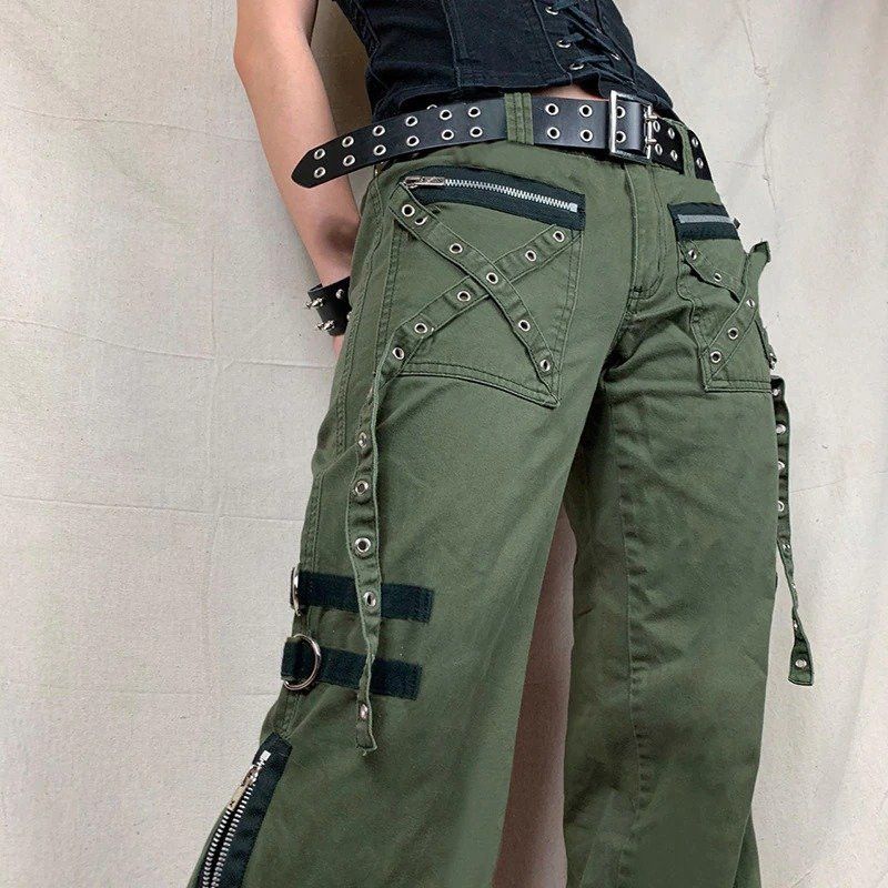 Designer × Japanese Brand × Vintage Punk Goth Cross Rivets Eyelet Zippers Slit Flare Trousers Size 29" - 2 Thumbnail