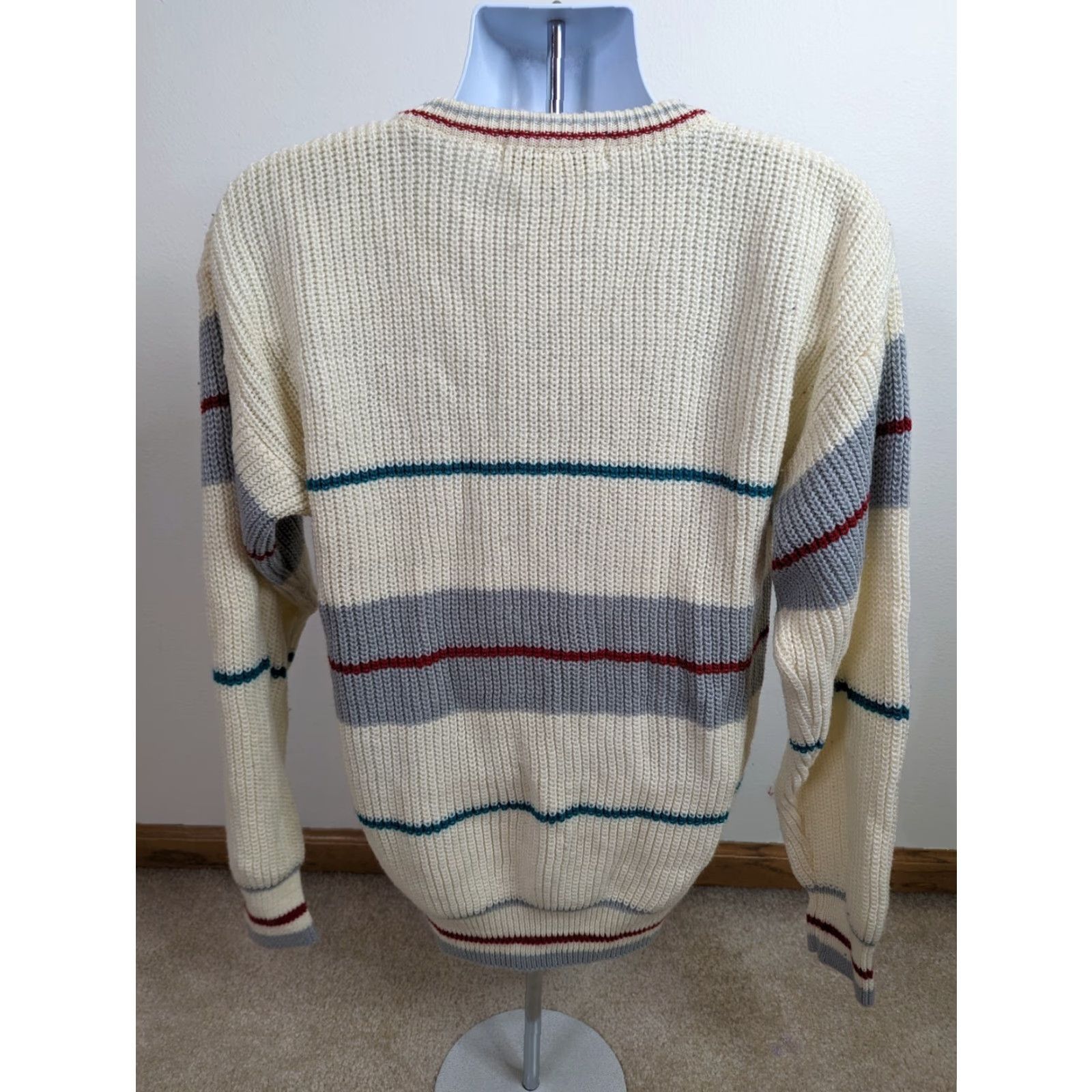 Vintage VINTAGE 80s Sweater Knit Ivory Striped MEN'S Large Crew Neck Pullover Grannycore S11 Men Size US L / EU 52-54 / 3 - 3 Thumbnail