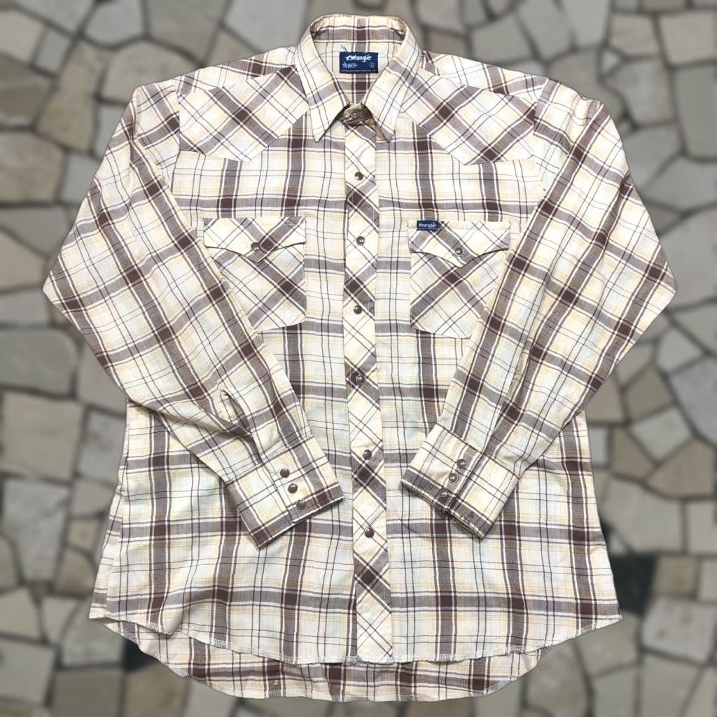 Wrangler VINTAGE Wrangler Shirt Mens L Brown Tan Plaid Pearl Snap Long Sleeve CowBoy Western Retro 80s 70s 60s Pockets Logo Cotton Blend Size US L / EU 52-54 / 3 - 1 Thumbnail