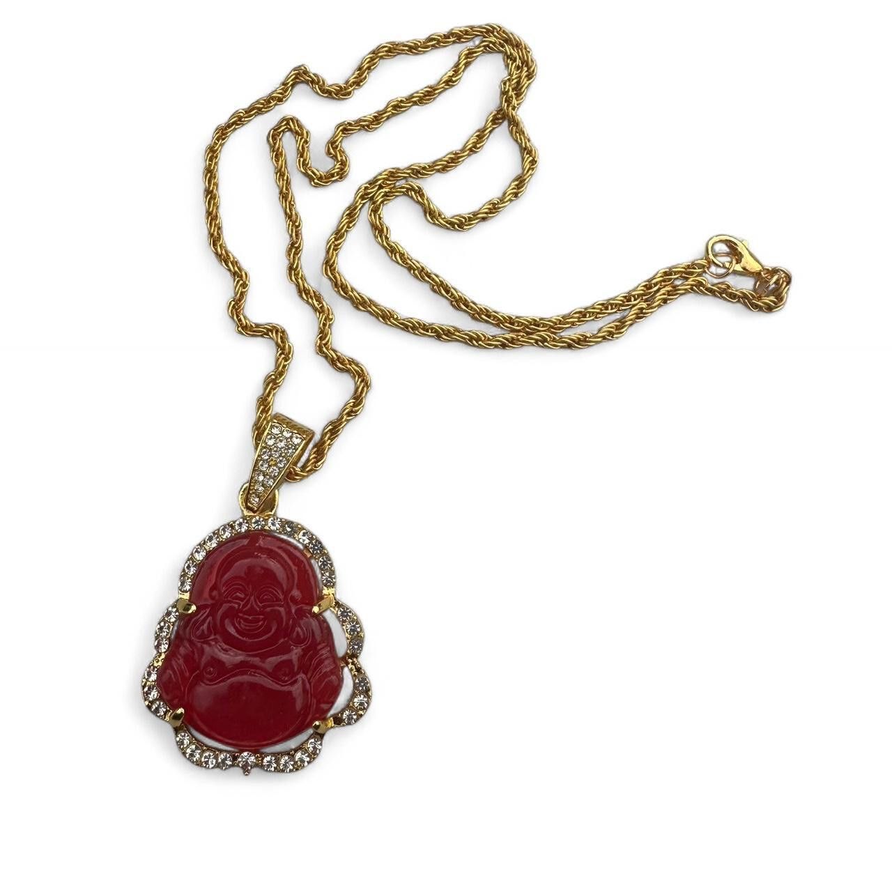 14k gold tone jade Buddha pendant with rope chain