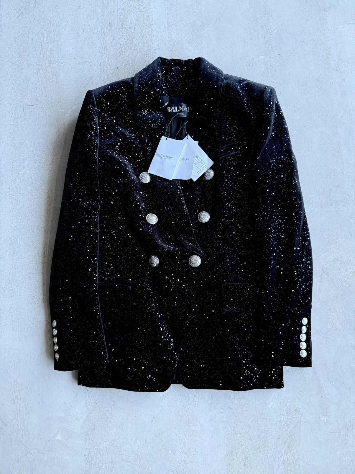 Balmain Balmain - Black Stardust Double Breasted Velvet Coat Size XS / US 0-2 / IT 36-38 - 1 Thumbnail