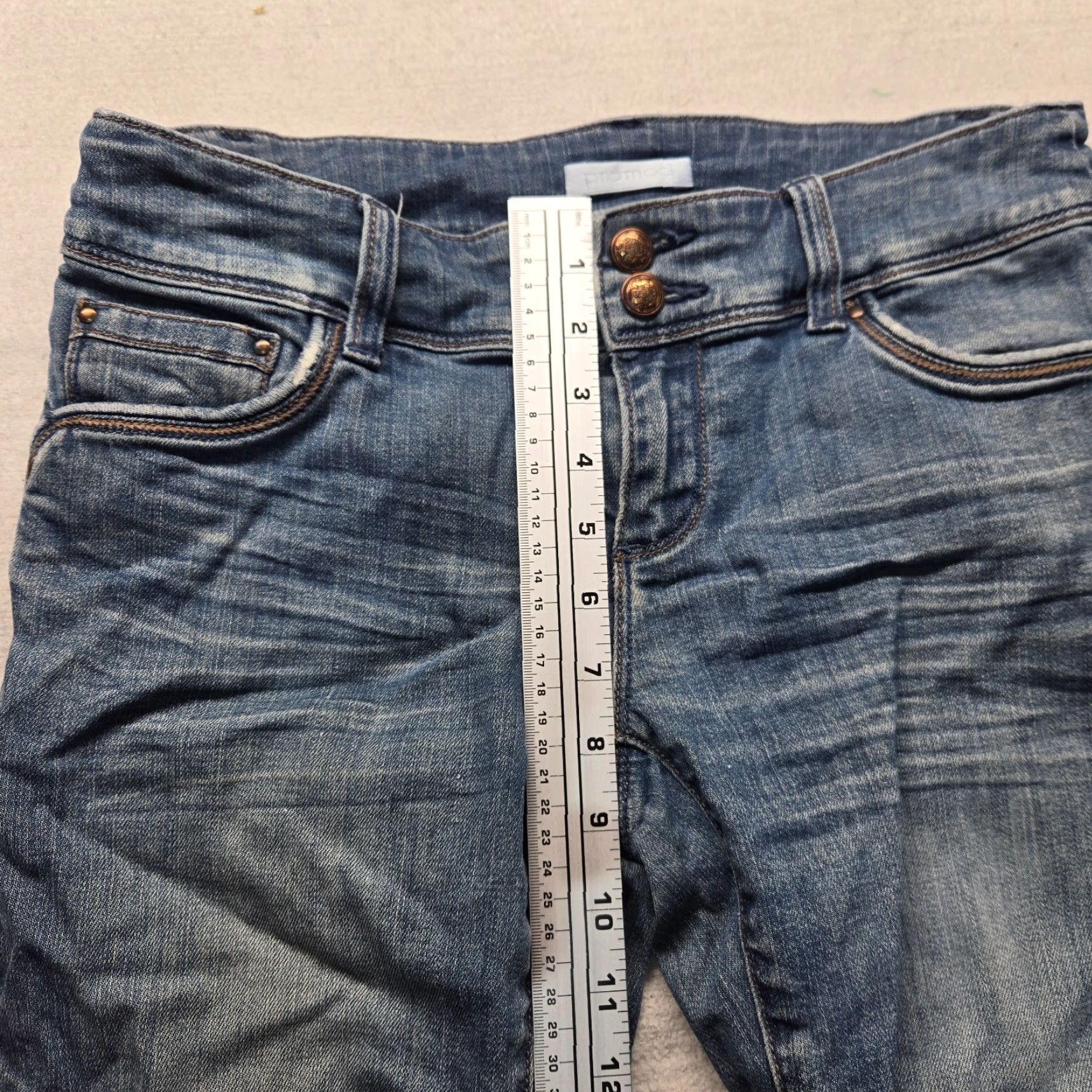 Denime Promod Jeans Women's Low-Rise Stretch Distressed Blue Denim Size 12 Regular 5-Pocket Straight Fit Size 34" / US 12 / IT 48 - 6 Thumbnail