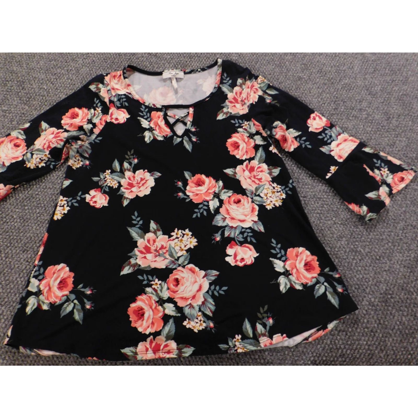 Vintage Rue Juju Womens Blouse Shirt Regular Medium Black Floral Stretch Crew Neck Long Sleeve Casual Zipper timeless Classic Vector: none (avoid adding). Size M / US 6-8 / IT 42-44 - 3 Thumbnail