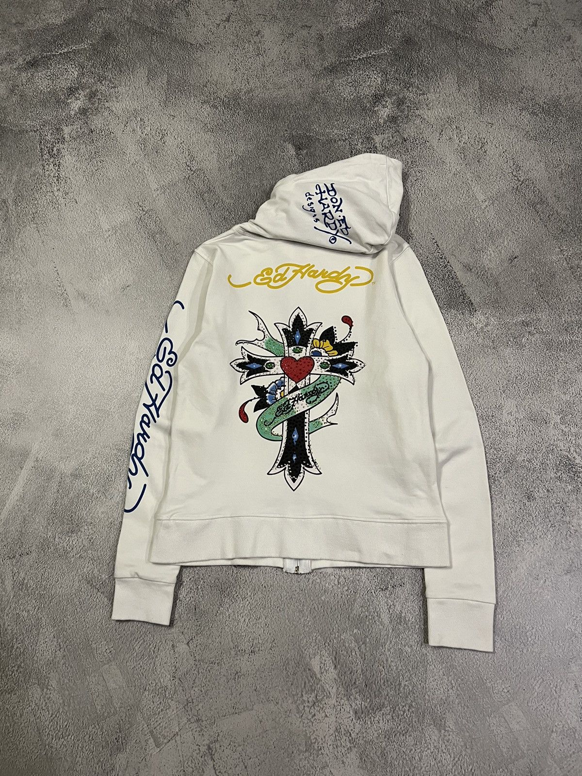 Christian Audigier × Ed Hardy × Vintage Vintage Y2k Ed Hardy 🤍 Cross Tattoo ❤️ Zip Hoodie 00’s Size S / US 4 / IT 40 - 2 Thumbnail