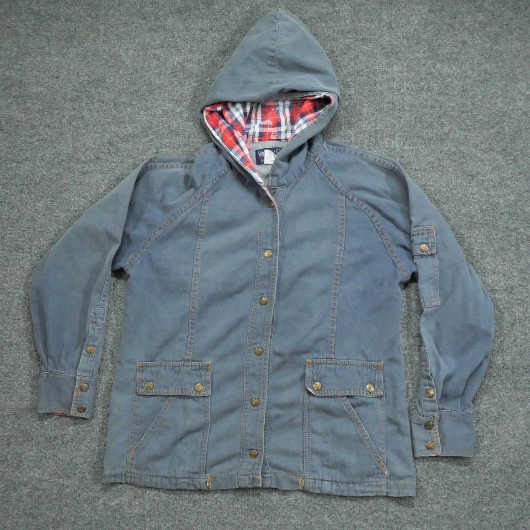 CO VINTAGE Valley Co Jean Jacket Womens L Blue Denim Hooded Plaid 80s Size 36" / US 14 / IT 50 - 3 Thumbnail