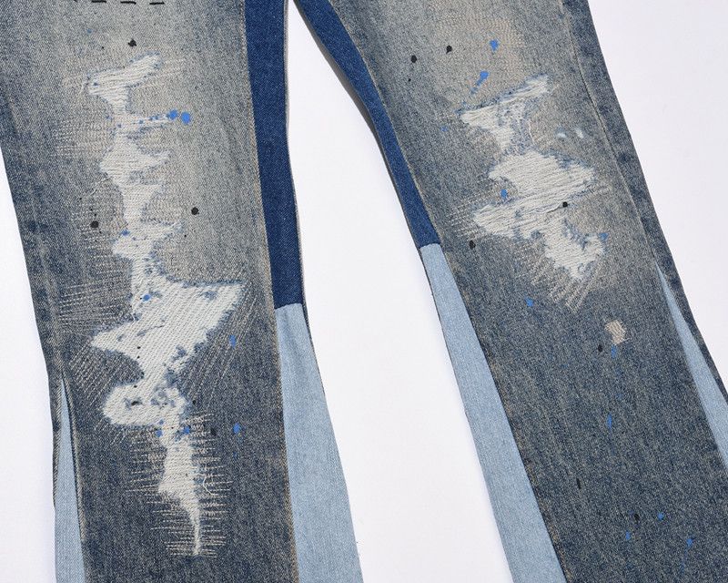 Jean Blue Speckle Ink Washed Destroyed Flared Jean Size US 36 / EU 52 - 4 Thumbnail