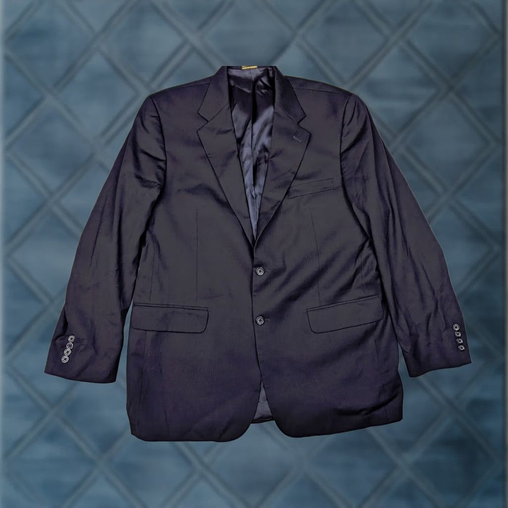 Stafford Stafford Blazer Jacket Navy Blue Herringbone Wool 44L 2 Button Notch Lapel Mens Regular Long Jacket Size 44R - 1 Thumbnail