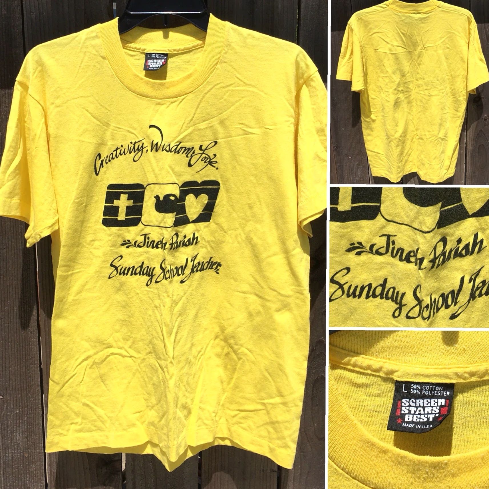Vintage VINTAGE Screen Stars T-Shirt Yellow L Graphic Tee Unisex 1980s Sunday School Teacher Jireh Parish Wisdom Creativity Love Sz L Size US L / EU 52-54 / 3 - 4 Thumbnail