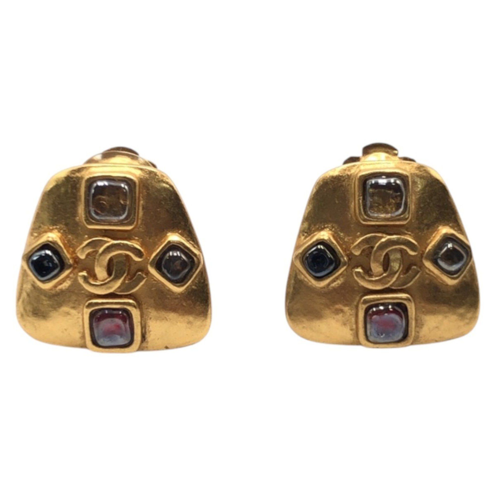 CHANEL Vintage Coco Mark Gripoa Gold Metal Earrings for Women