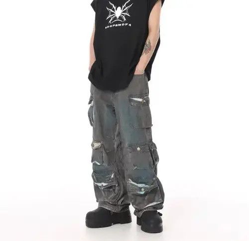 Jean Retro distressed multi-pocket tie-dye gradient work jeans Size US 32 / EU 48 - 3 Thumbnail