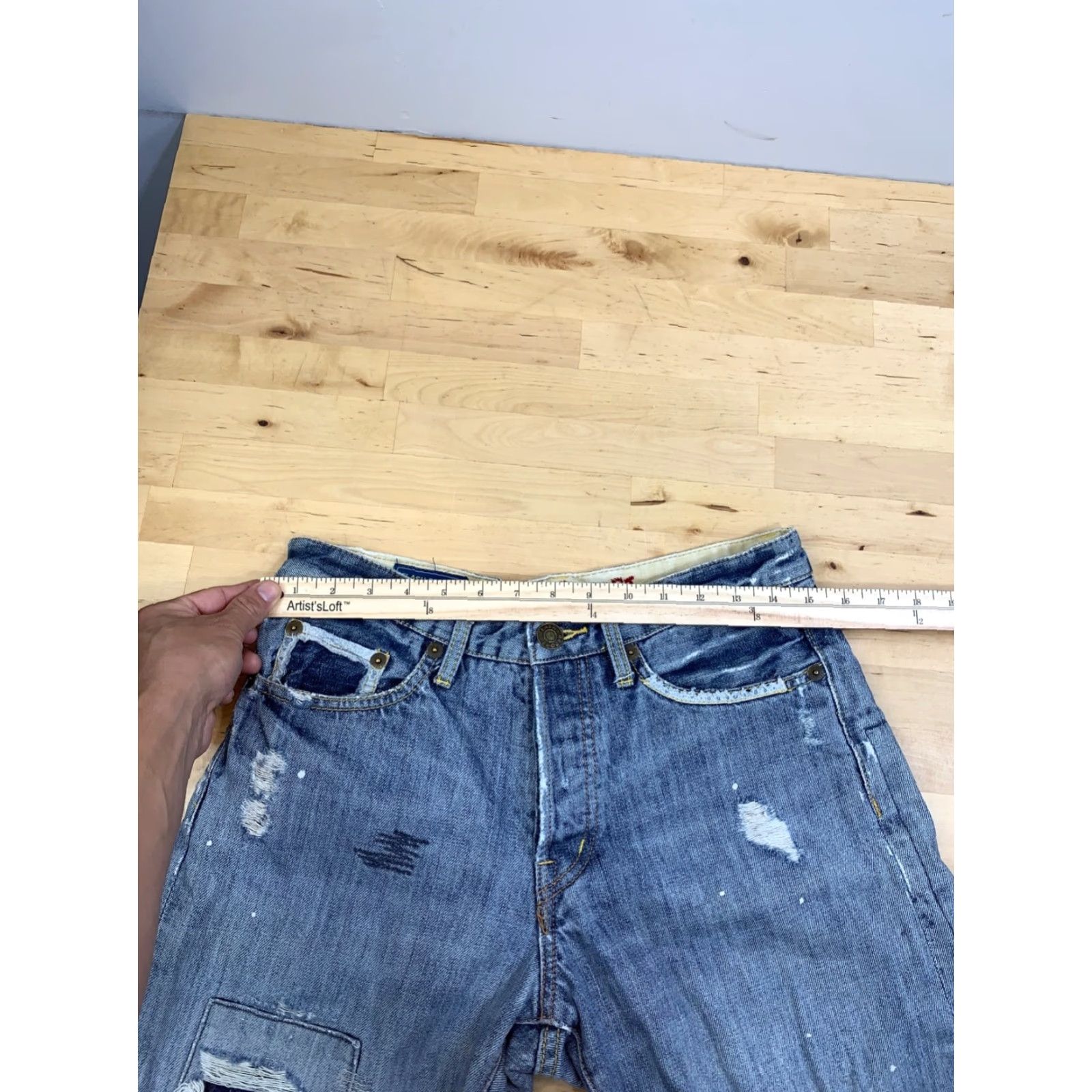 Denime Flash Report Denim Shorts Mens M Blue 5-Pocket Design Distressed Pockets Jorts Japanese Streetwear 12091 Size US 31 - 6 Thumbnail