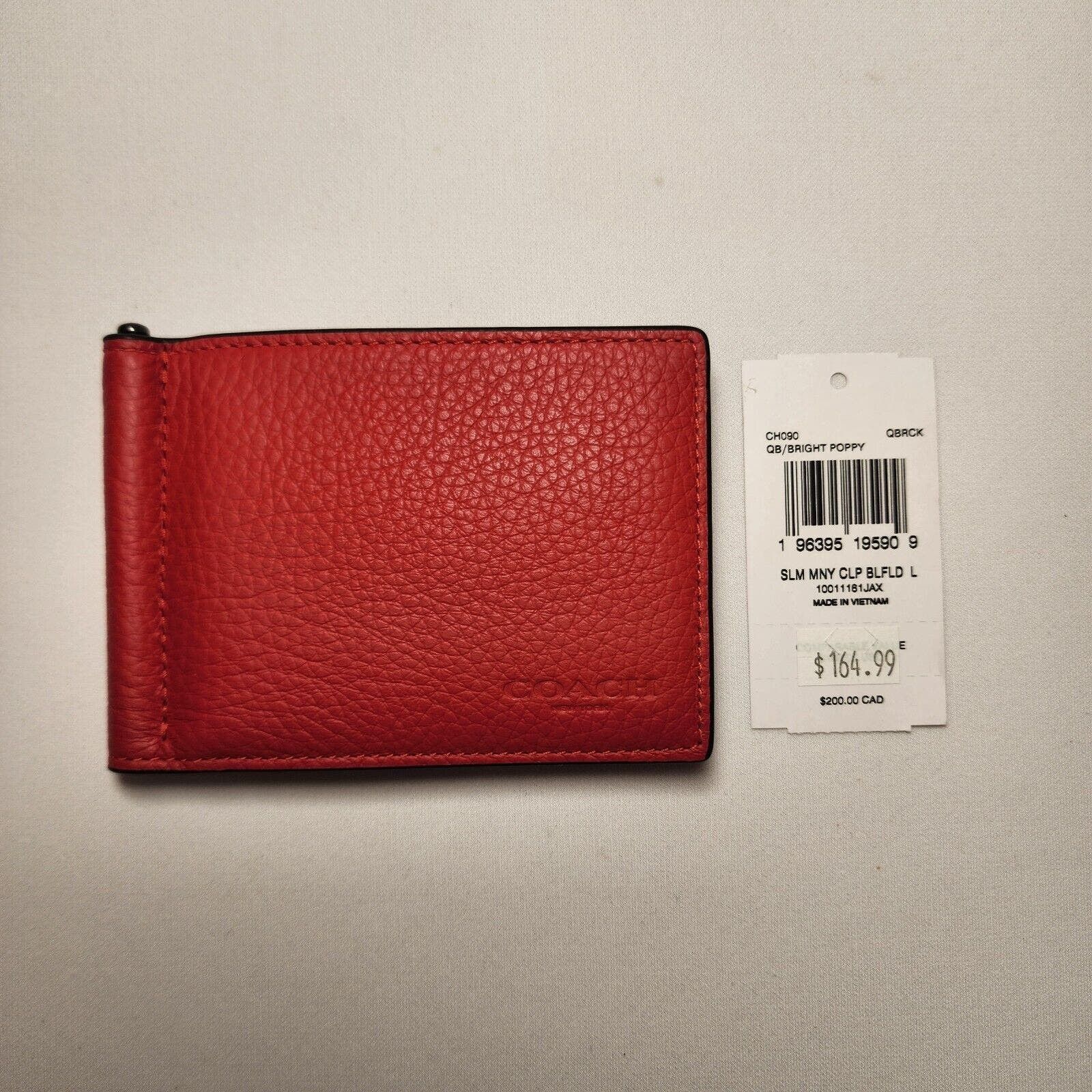 image of Coach Ch090 Slim Money Clip Billfold Wallet Bright Poppy Red, Men's