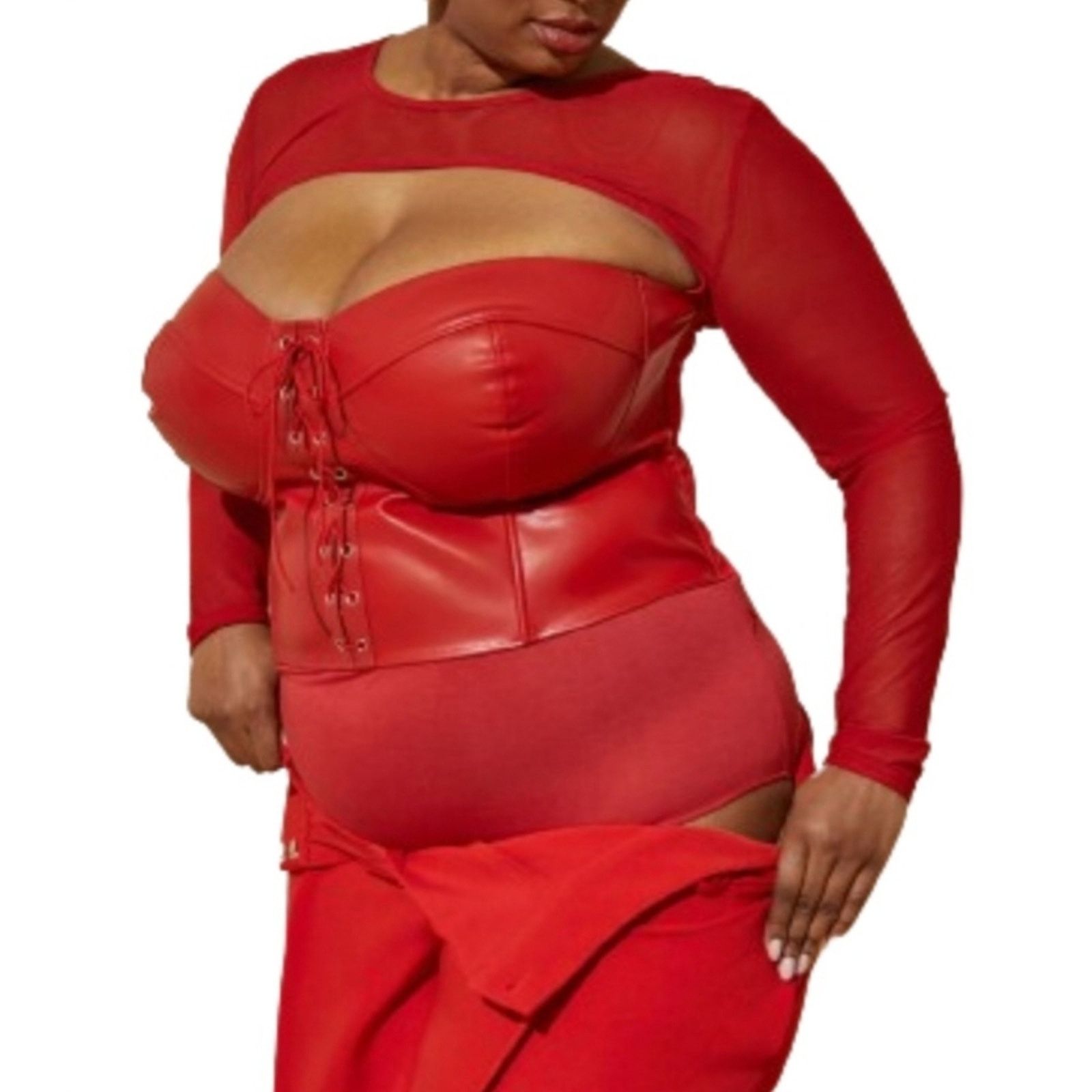 Other RED HOT ☆ FAUX LEATHER & MESH ☆ BUSTIER BODYSUIT 3x ☆ NWT Size 3XL / US 20-22 - 4 Thumbnail