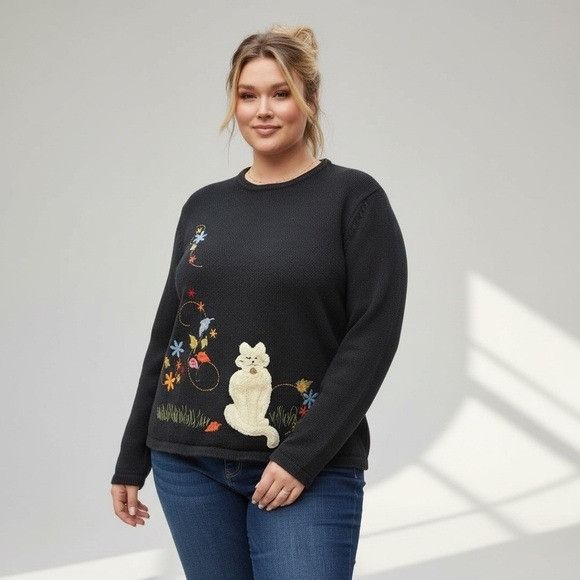 Other Vintage Embroidered Cat Crewneck Sweater Size L / US 10 / IT 46 - 1 Thumbnail