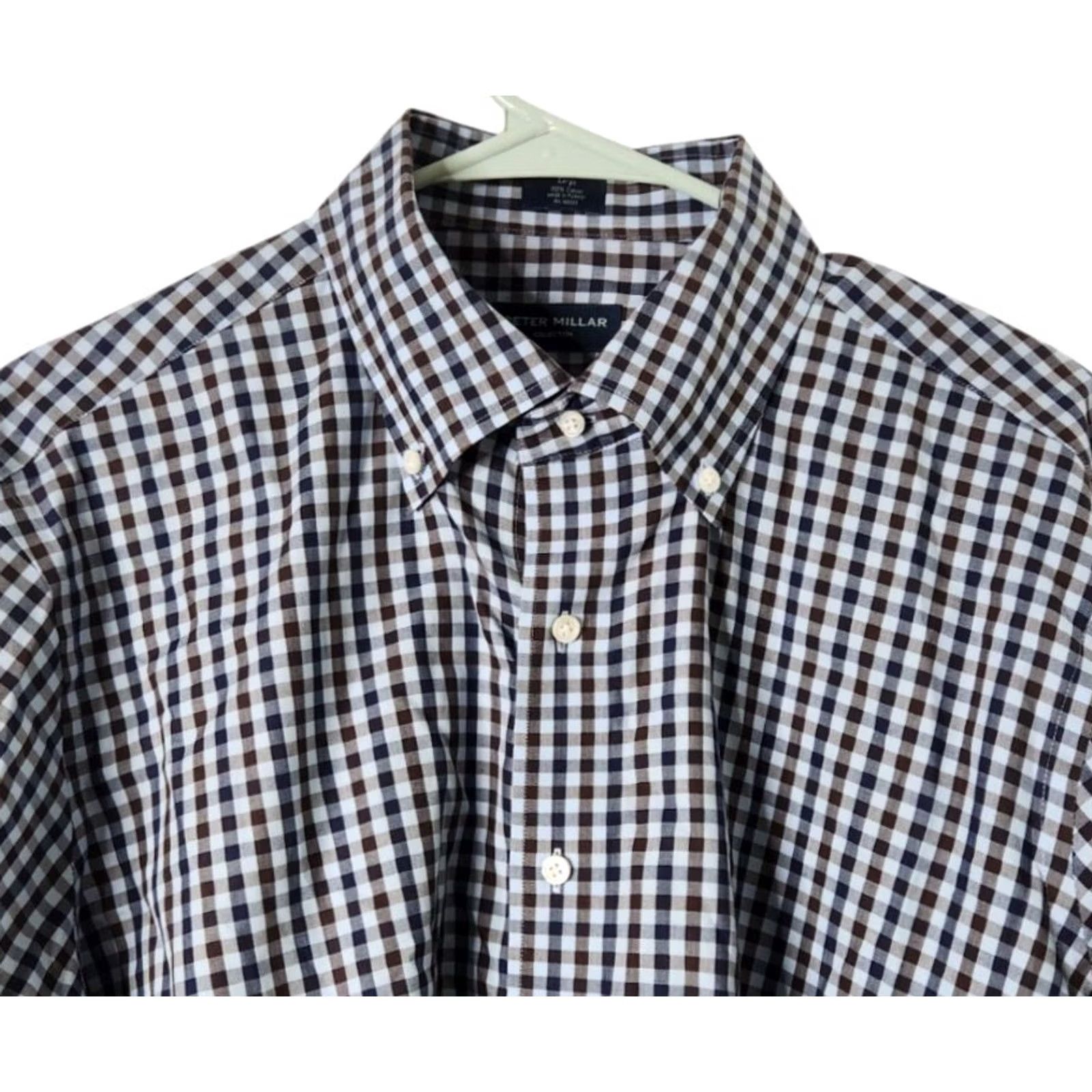 Peter Millar Peter Millar Mens Dress Shirt Long Sleeve Plaid Button-Down Blue Brown L Size 42R - 3 Thumbnail