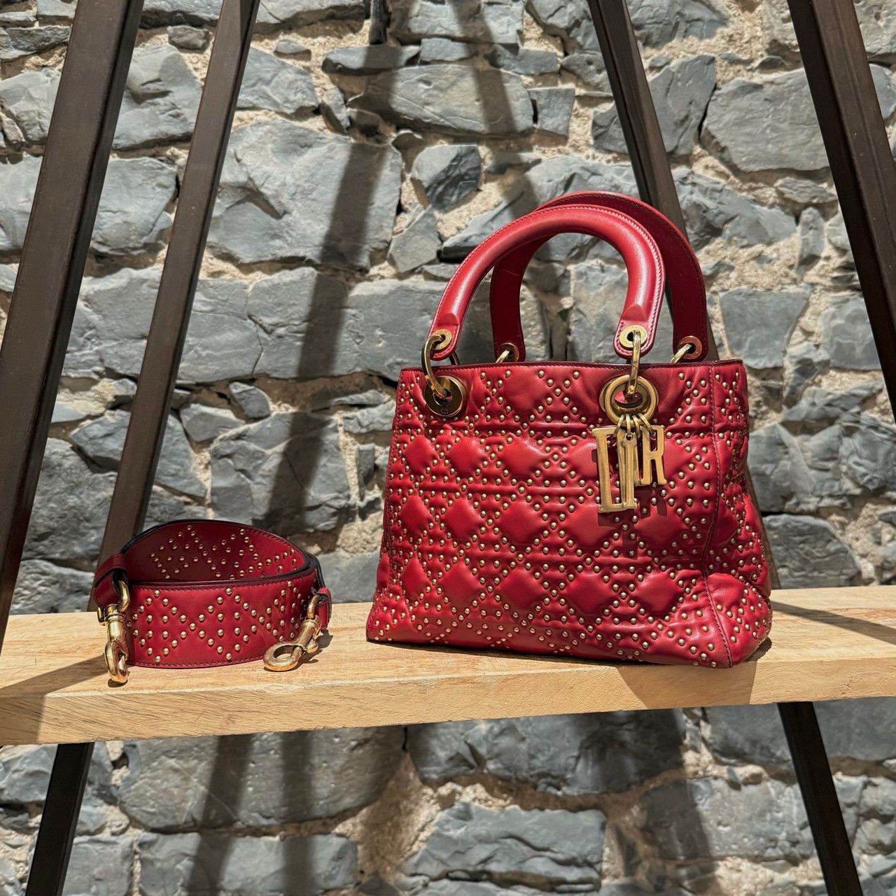 Dior Christian Dior Red Leather Gold Studded Medium Lady Dior Bag Size ONE SIZE - 2 Thumbnail
