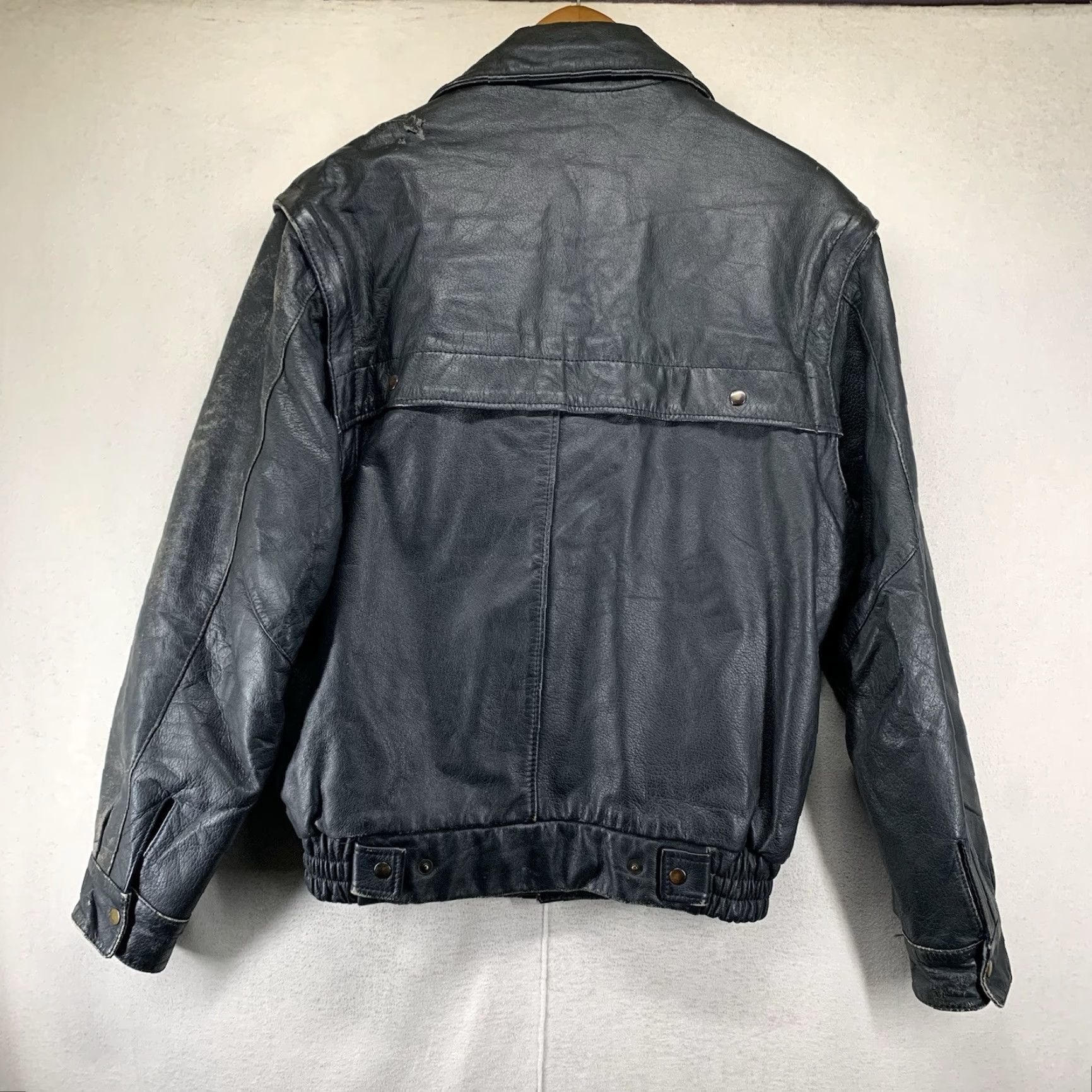 Oleg Cassini VINTAGE Oleg Cassini Leather Jacket Motorcycle Fit Removable Arms 1980s 42in Chest Beige Blue Lined Men's 36 Brazil Size US XXS / EU 40 - 3 Thumbnail
