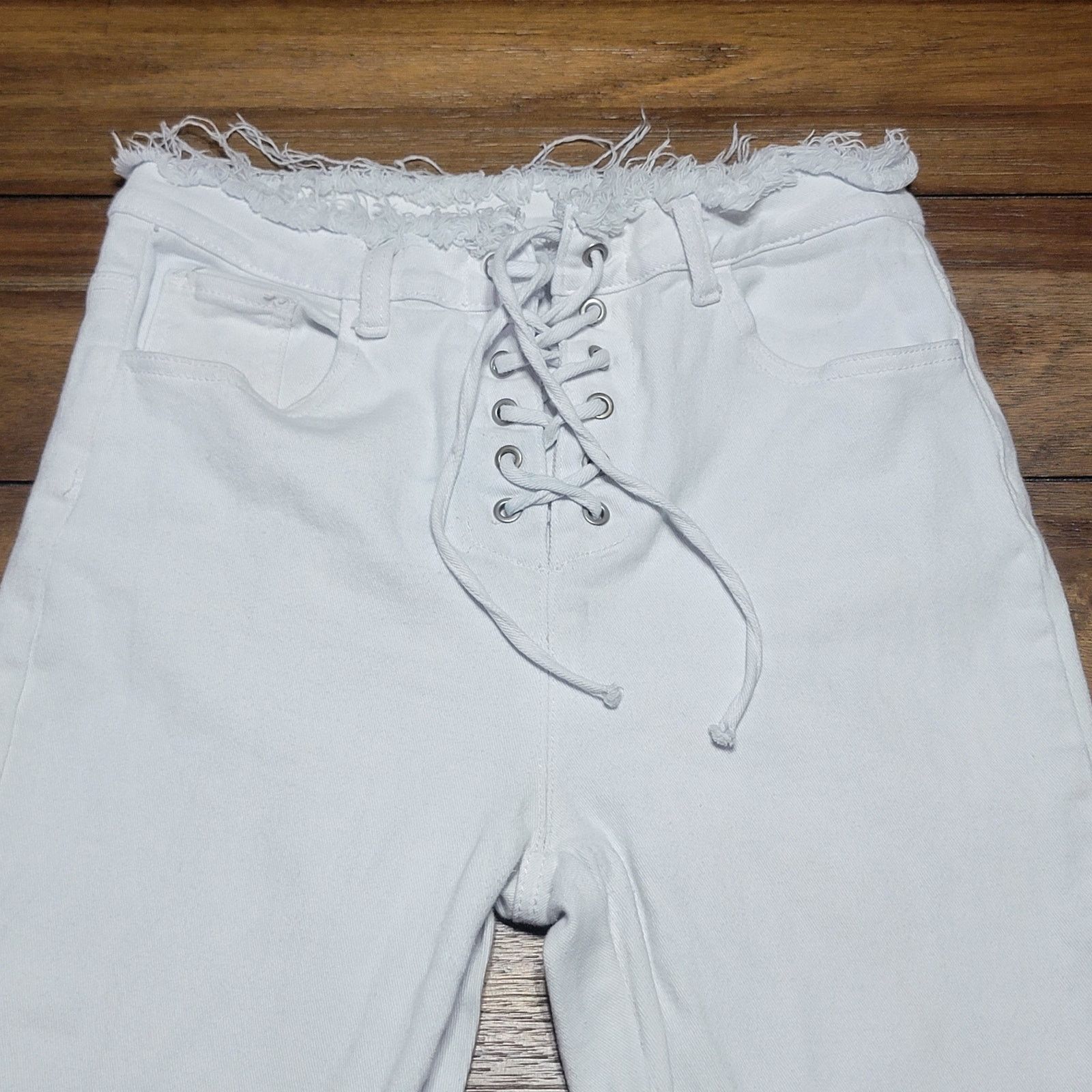 Shein Shein Woman White Denim Pants w/ Raw Hem & Waist -Size Large Size 29" - 2 Thumbnail