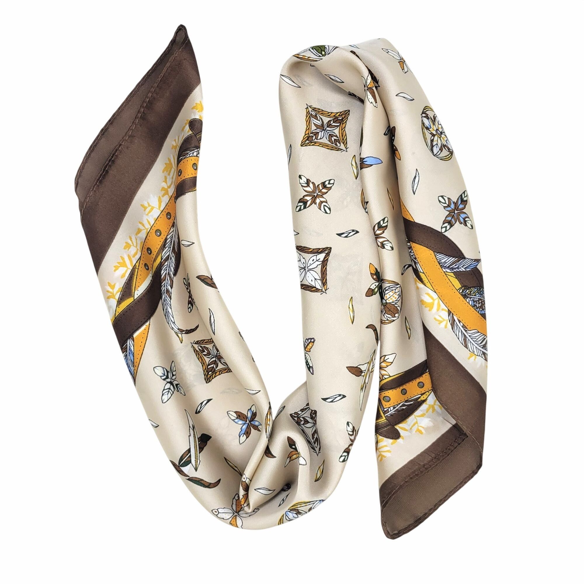 Other New Elegant Bandana Feathers Beige Brown Scarf Classic Wrap Size ONE SIZE - 3 Thumbnail