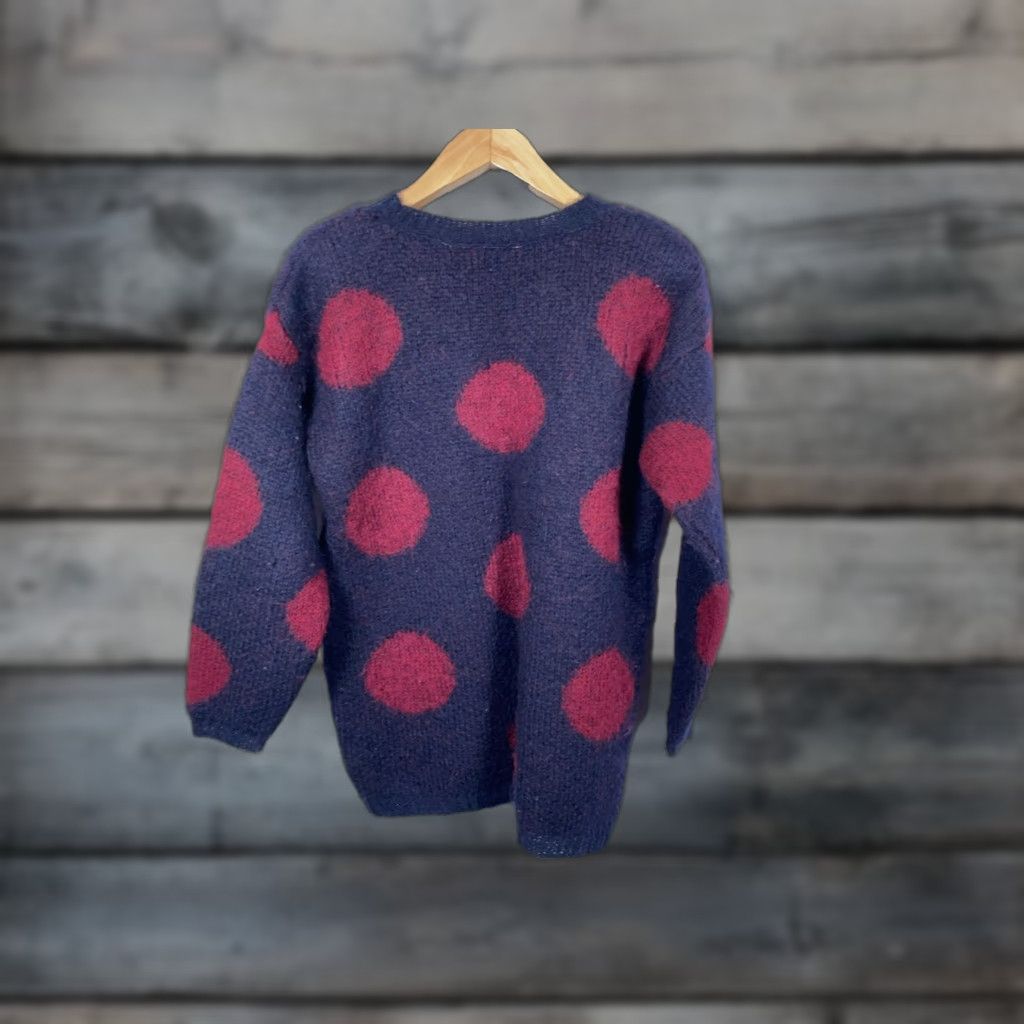 VINTAGE Paul Harris Mohair Blend Sweater Women's Small Dark Blue Red Polka Dot Relaxed Crew Neck 90s Preppy Oversized Pullover Knit Hand Wash Only